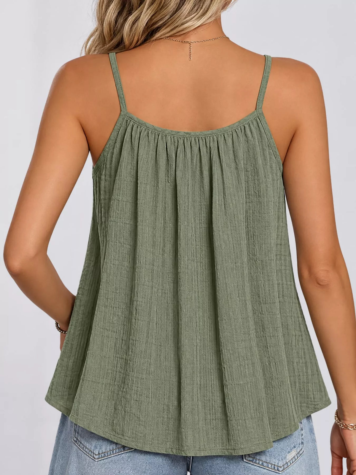 casual textured cami – pleated,backless fit | dropsona - neutral - close-up detail