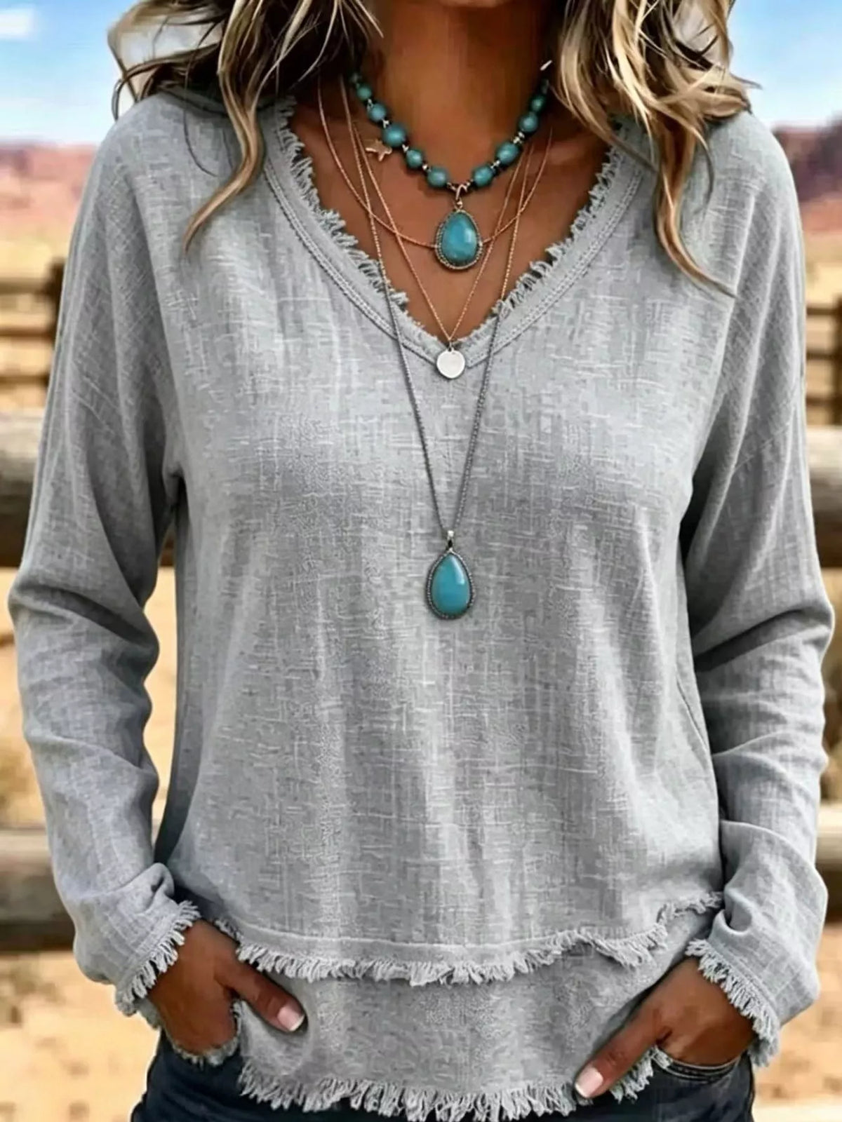 full size frayed hem v-neck blouse plus | dropsona - neutral - usage example
