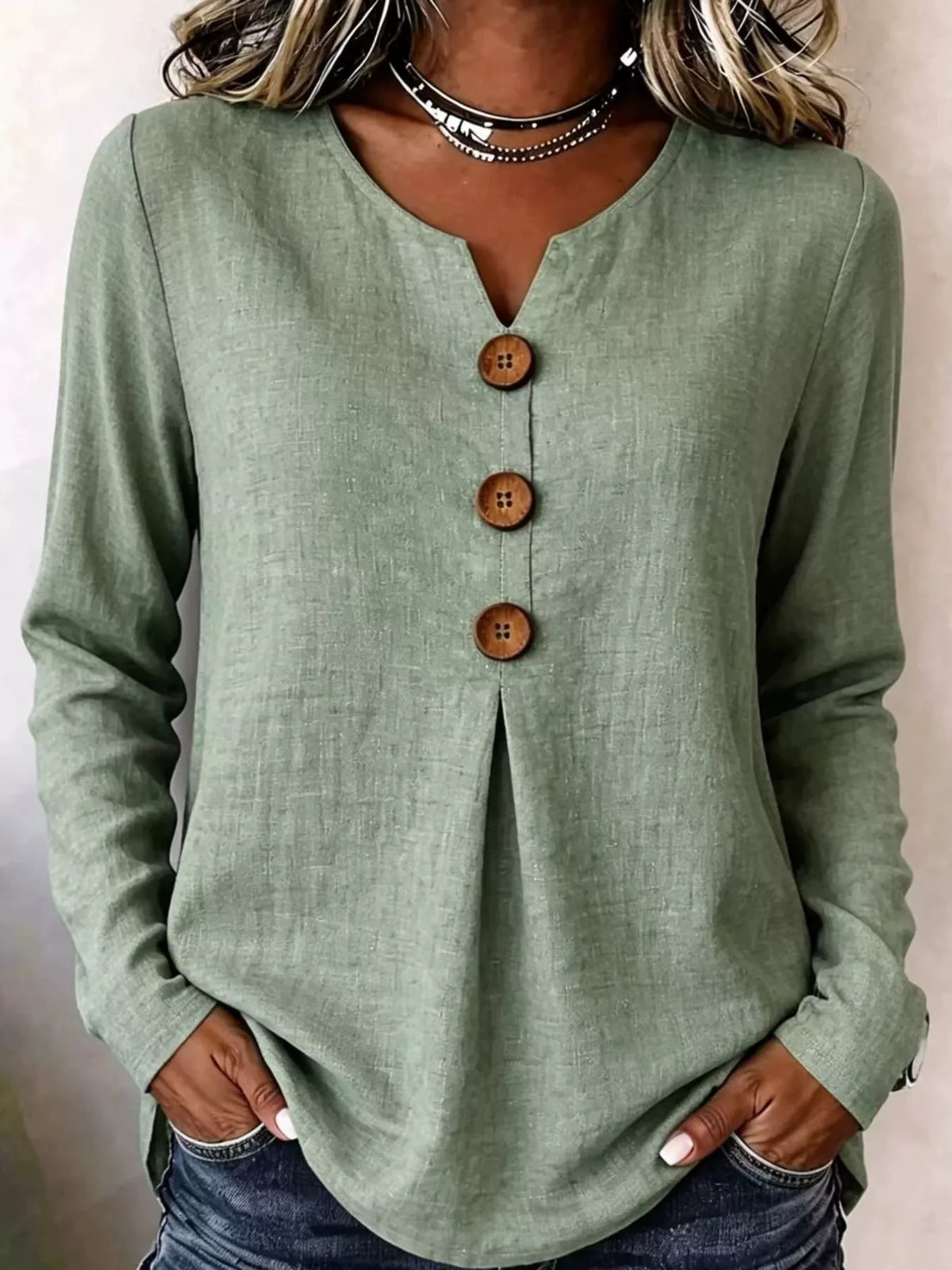 full size long sleeve blouse with decorative wooden | dropsona - neutral - close-up detail