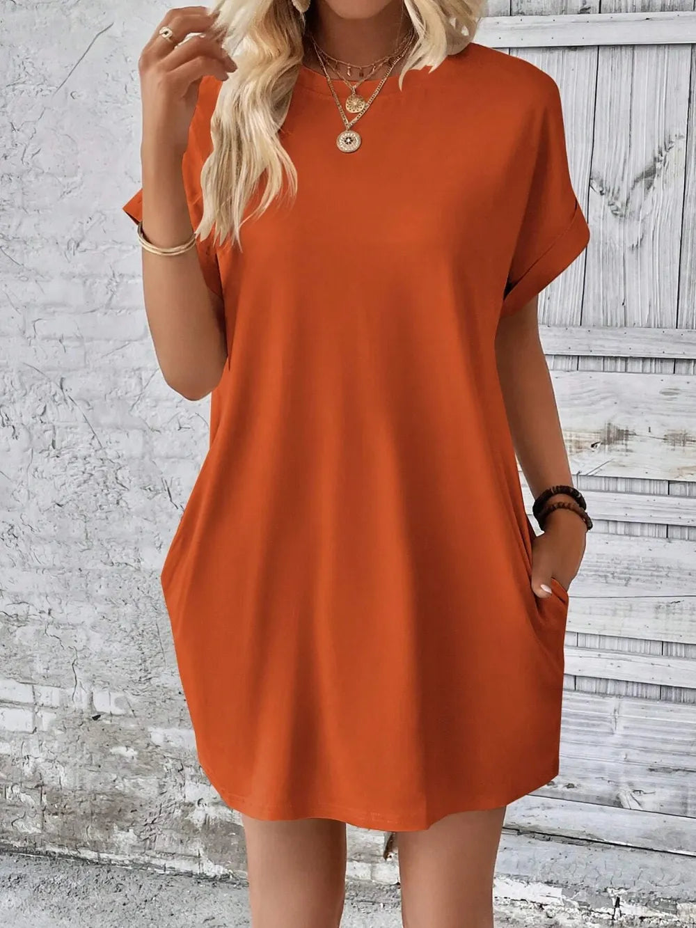 round neck short sleeve mini dress – basic style | dropsona - neutral - packaging