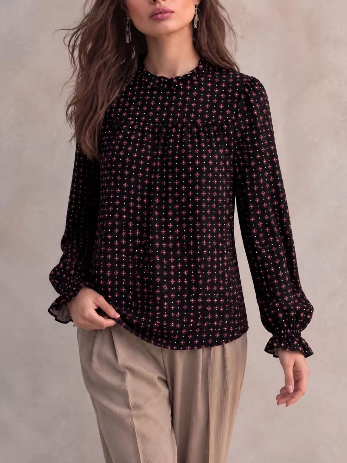 geometric print mock neck puff sleeves blouse | dropsona - neutral - material texture