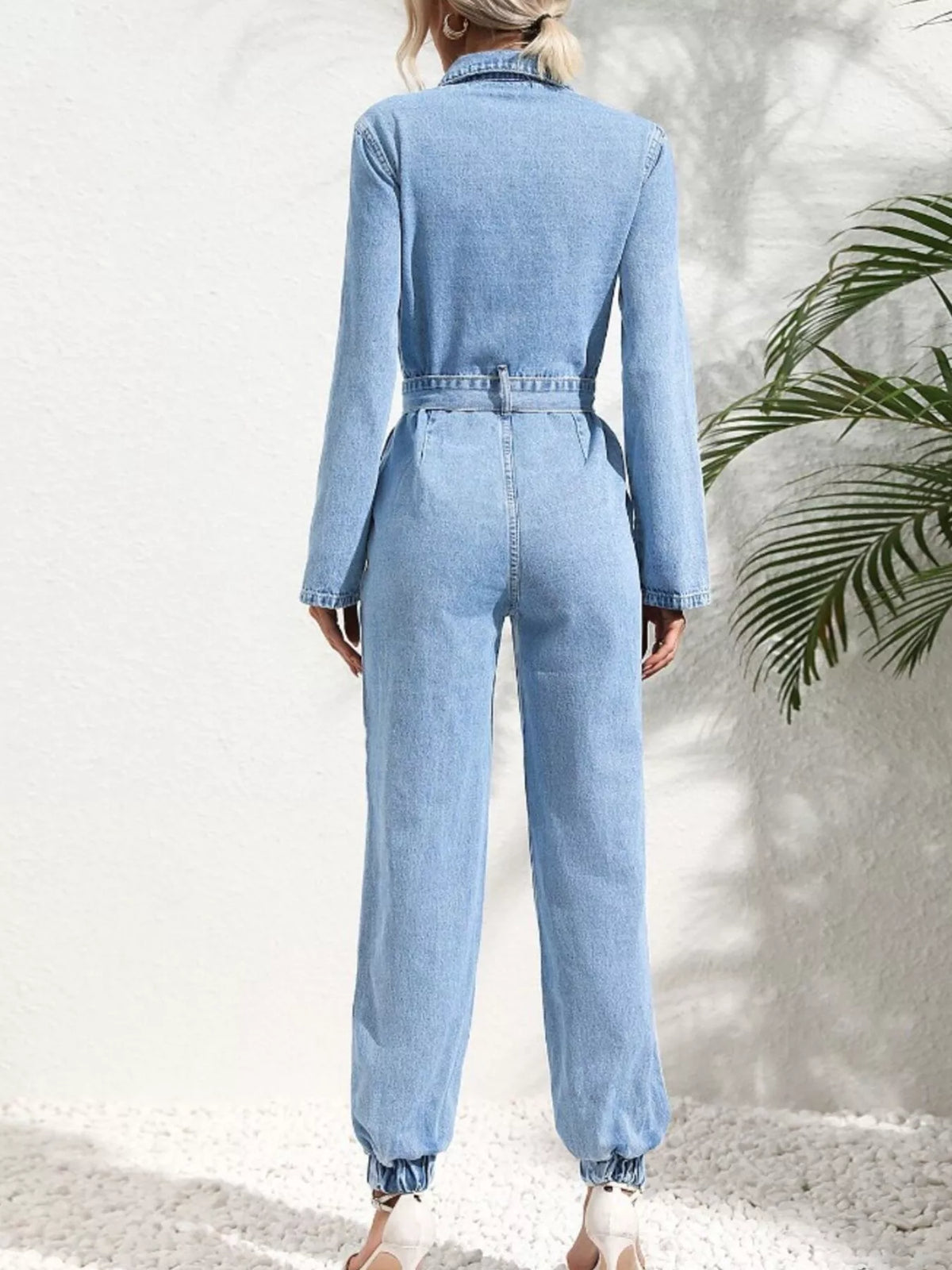 long sleeve button-up denim jumpsuit with belted | dropsona - neutral - front view