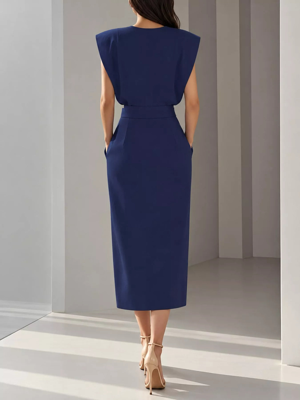 sleeveless midi dress with gold button detail and | dropsona - neutral - front view