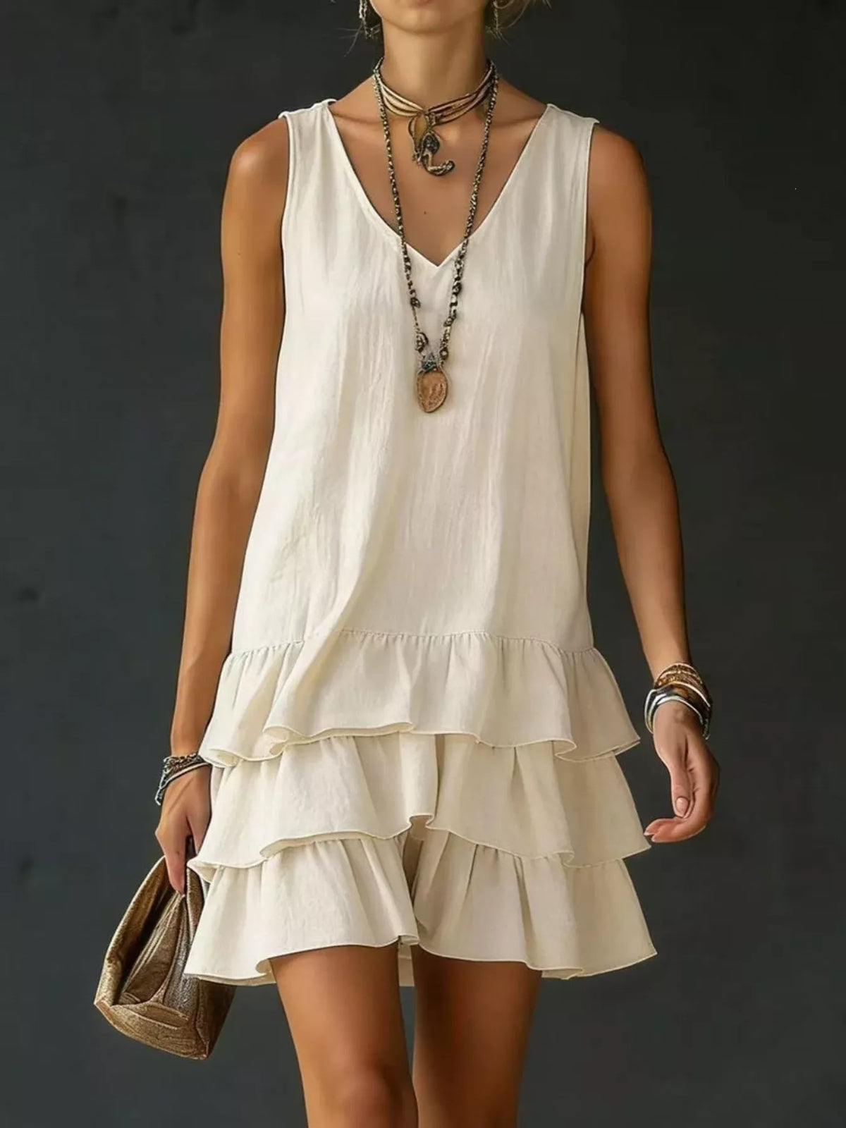 full size ruffled hem v-neck sleeveless dress plus size - front view