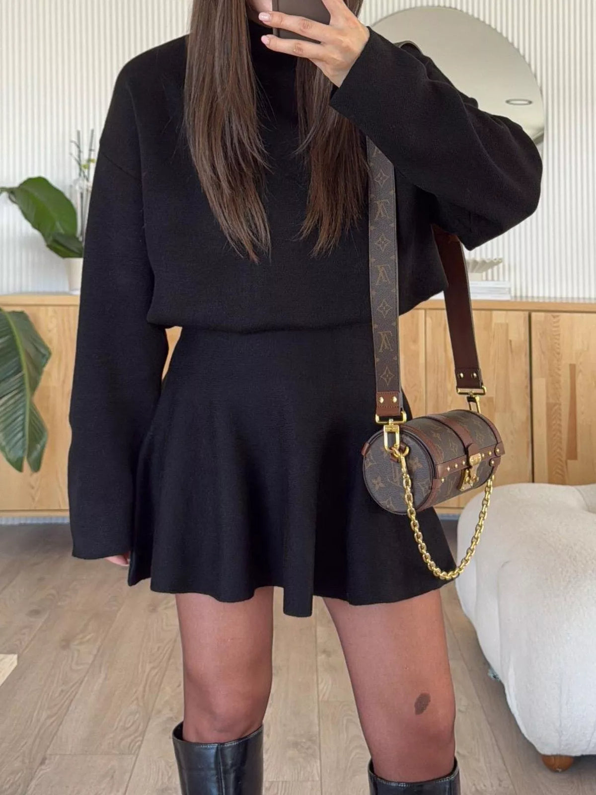 mock neck knit top and flared skirt set | dropsona - neutral - size reference