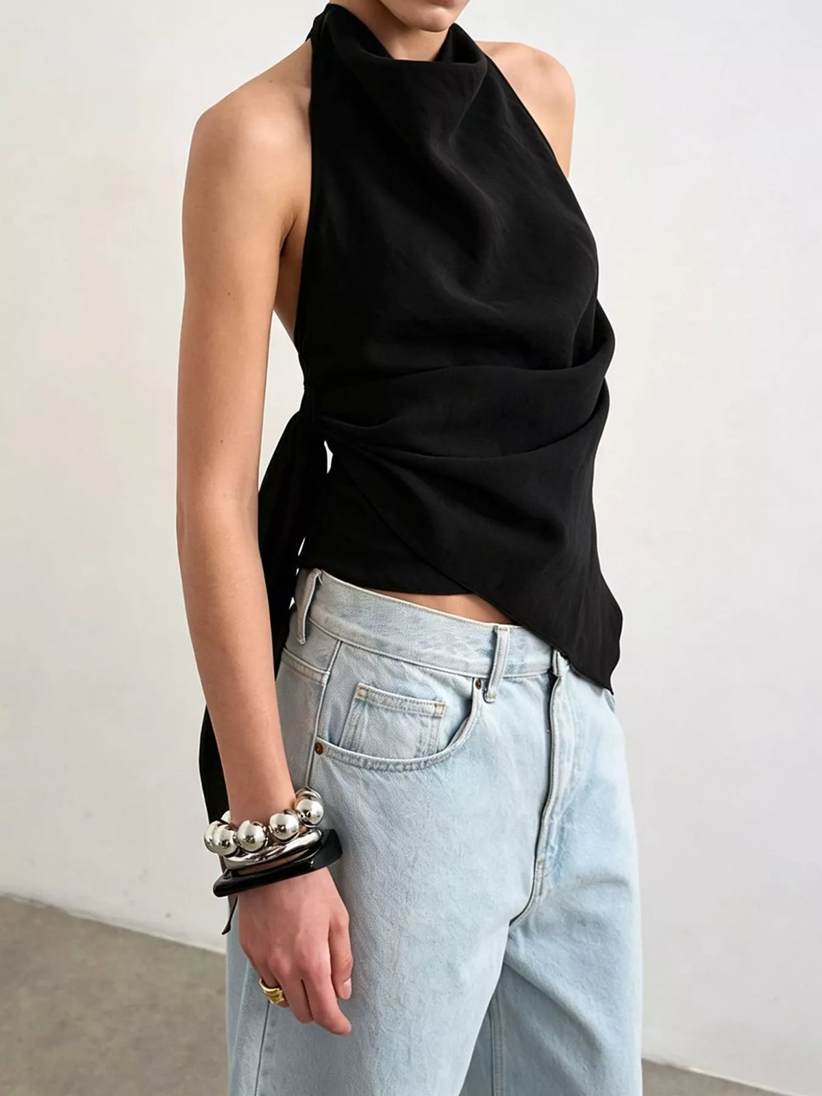 elegant halter neck draped tank top | dropsona - neutral - size reference