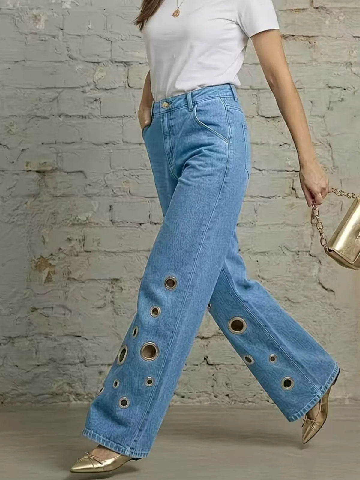 wide leg jeans with eyelet details - size reference