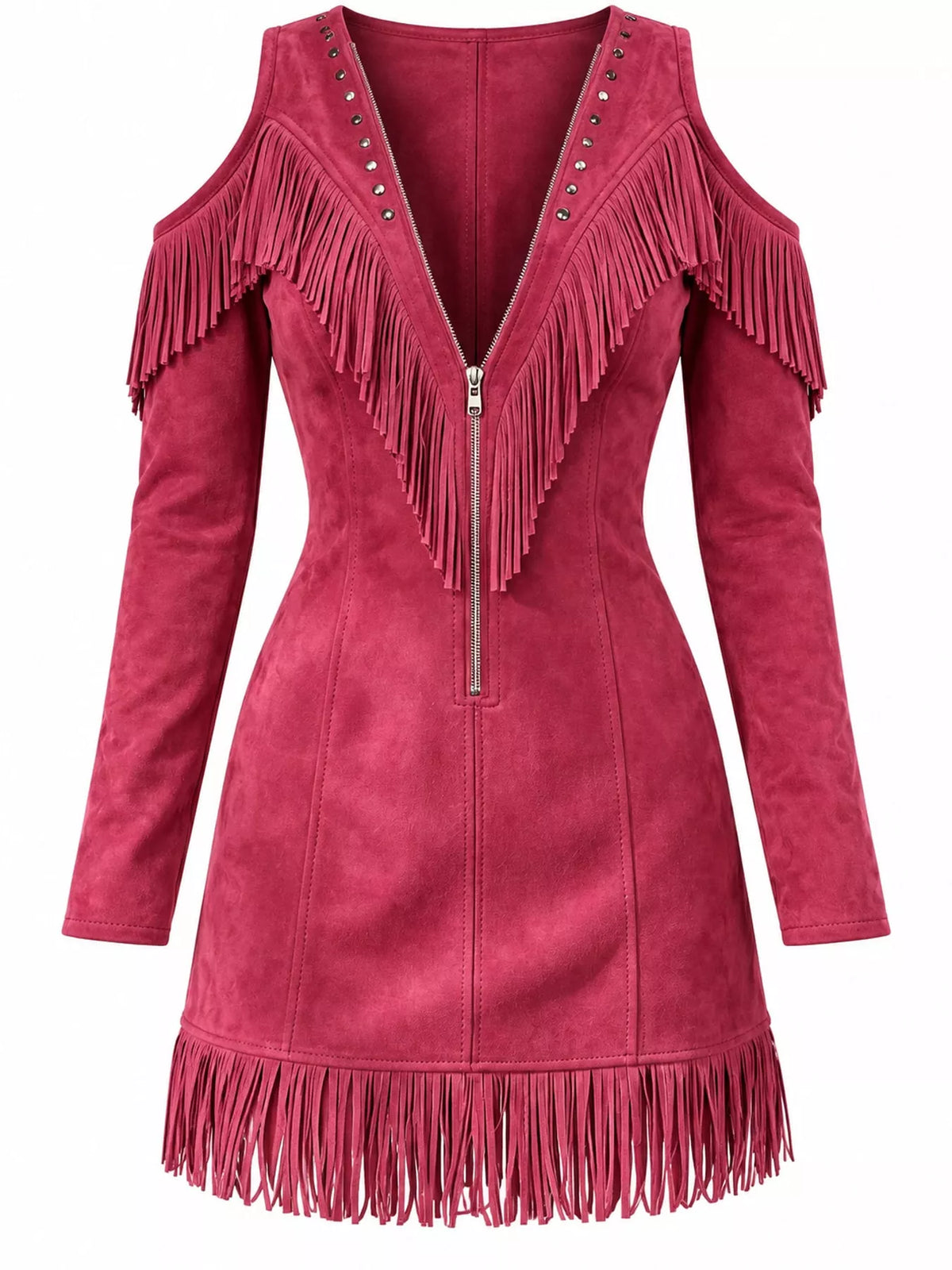 full size fringed cold-shoulder zip-front mini dress | dropsona - neutral - close-up detail
