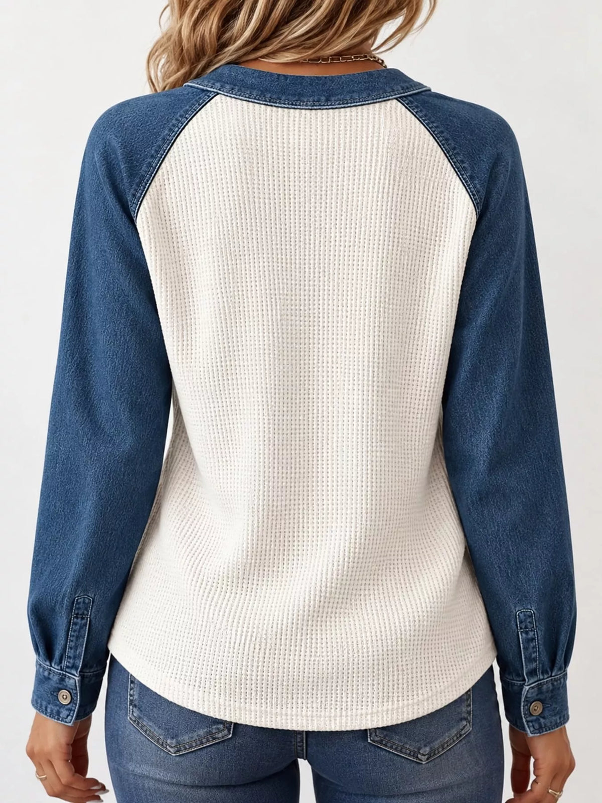 full size waffle knit denim patchwork button detail | dropsona - neutral - close-up detail