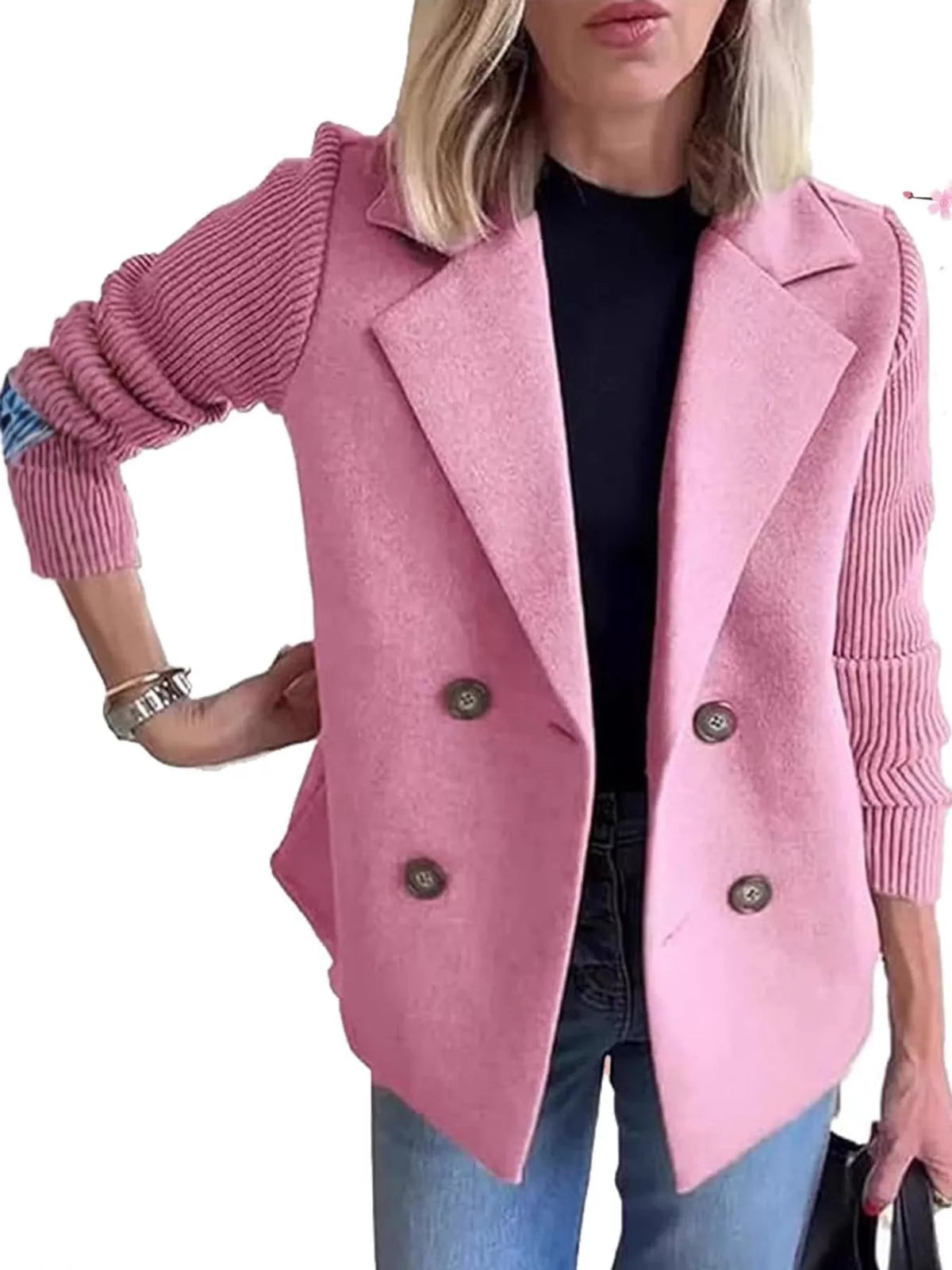 full size double-breasted hybrid blazer with ribbed | dropsona - neutral - front view