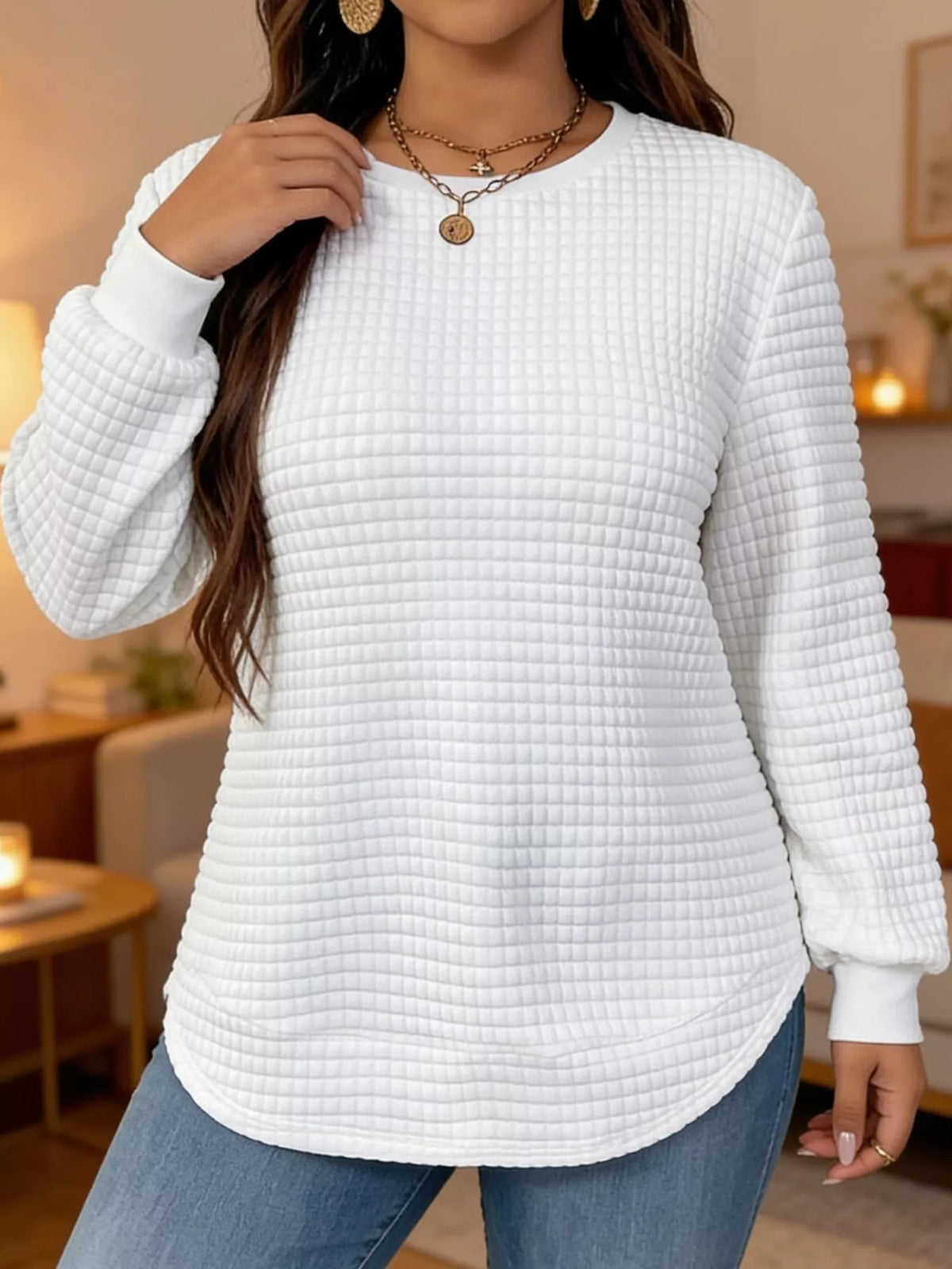 plus size textured waffle knit crew neck sweatshirt | dropsona - neutral - close-up detail