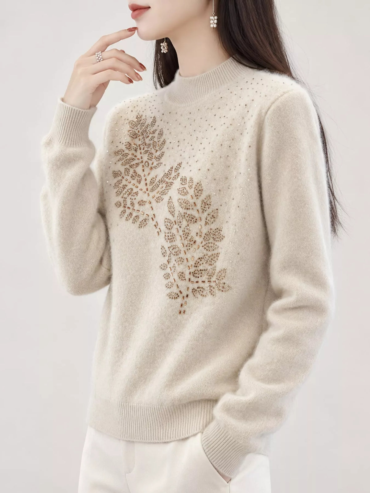 rhinestone leaf mock neck sweater | dropsona polyester - neutral - material texture
