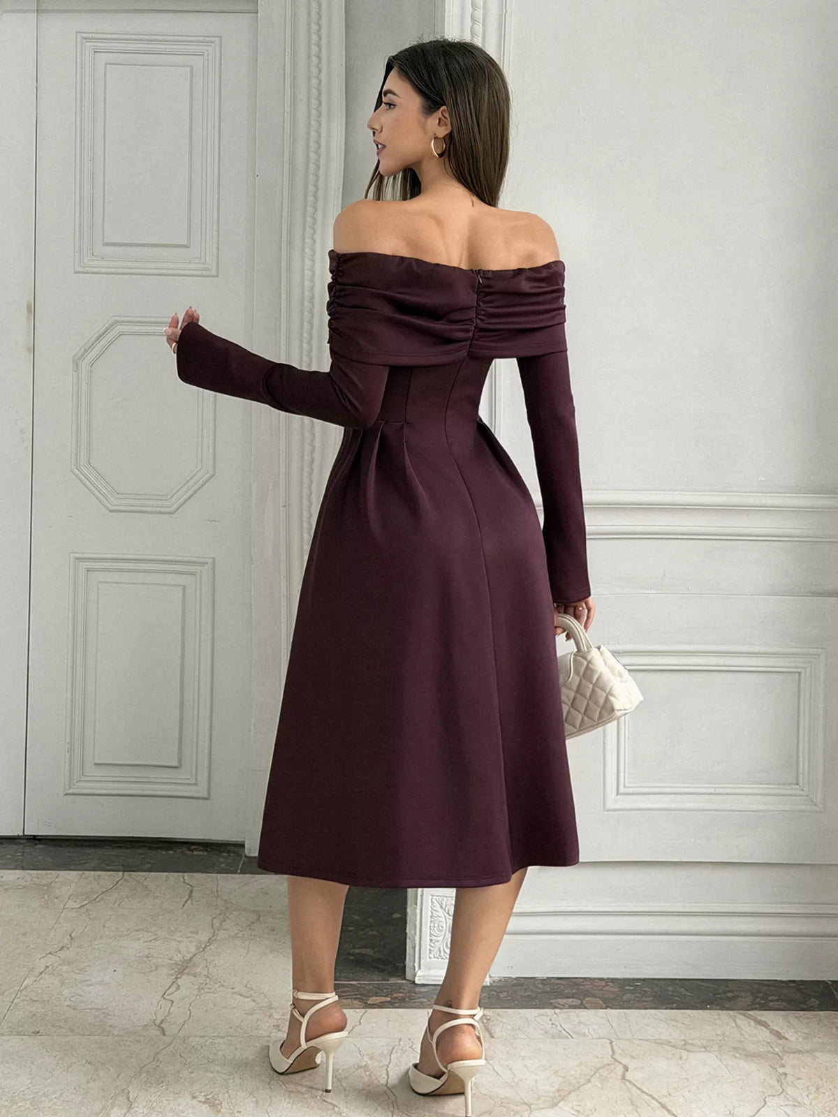 off-shoulder long sleeve midi dress – ruched, zipper | dropsona - neutral - usage example