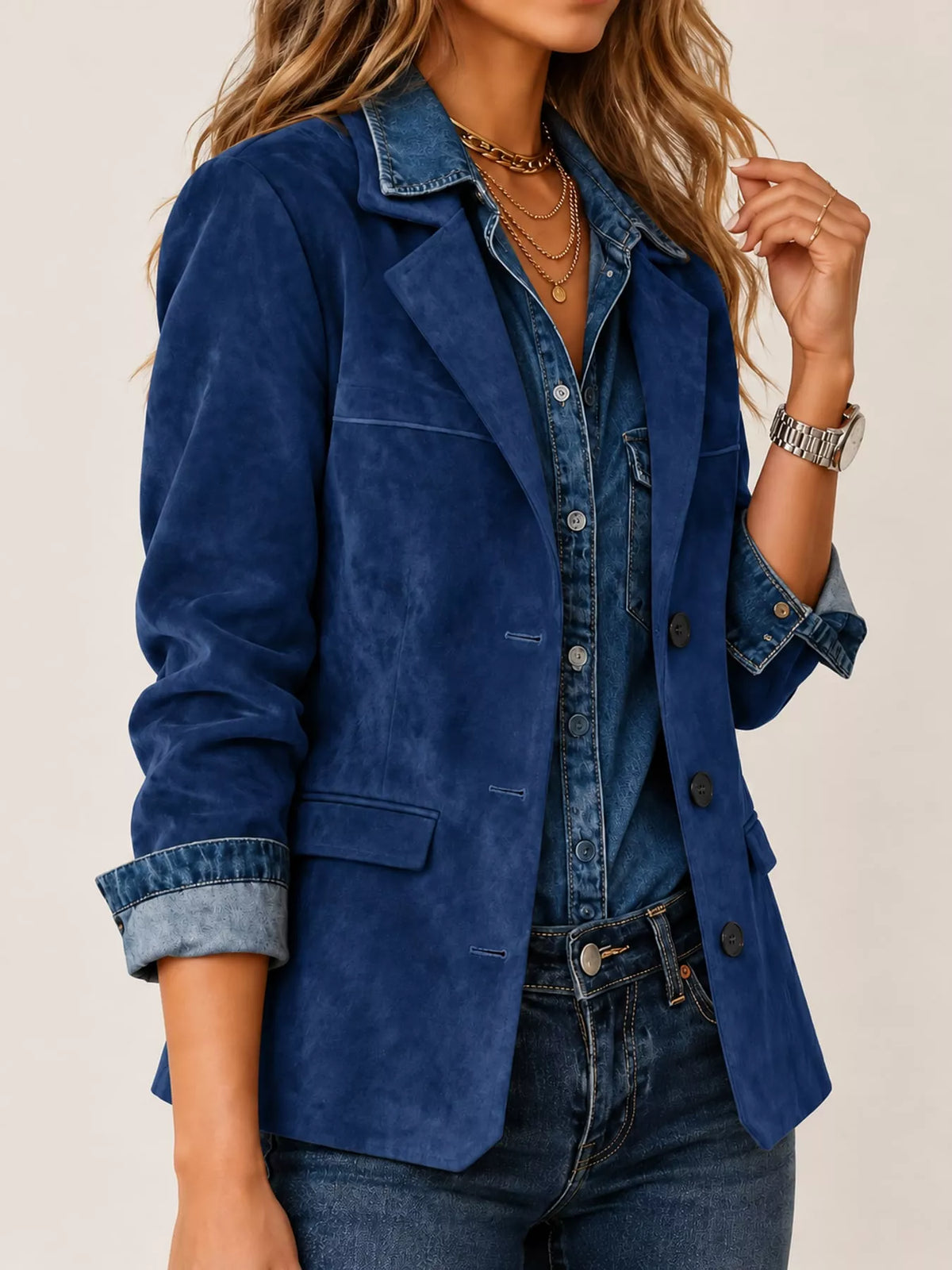 full size lapel collar button up blazer plus | dropsona - neutral - close-up detail