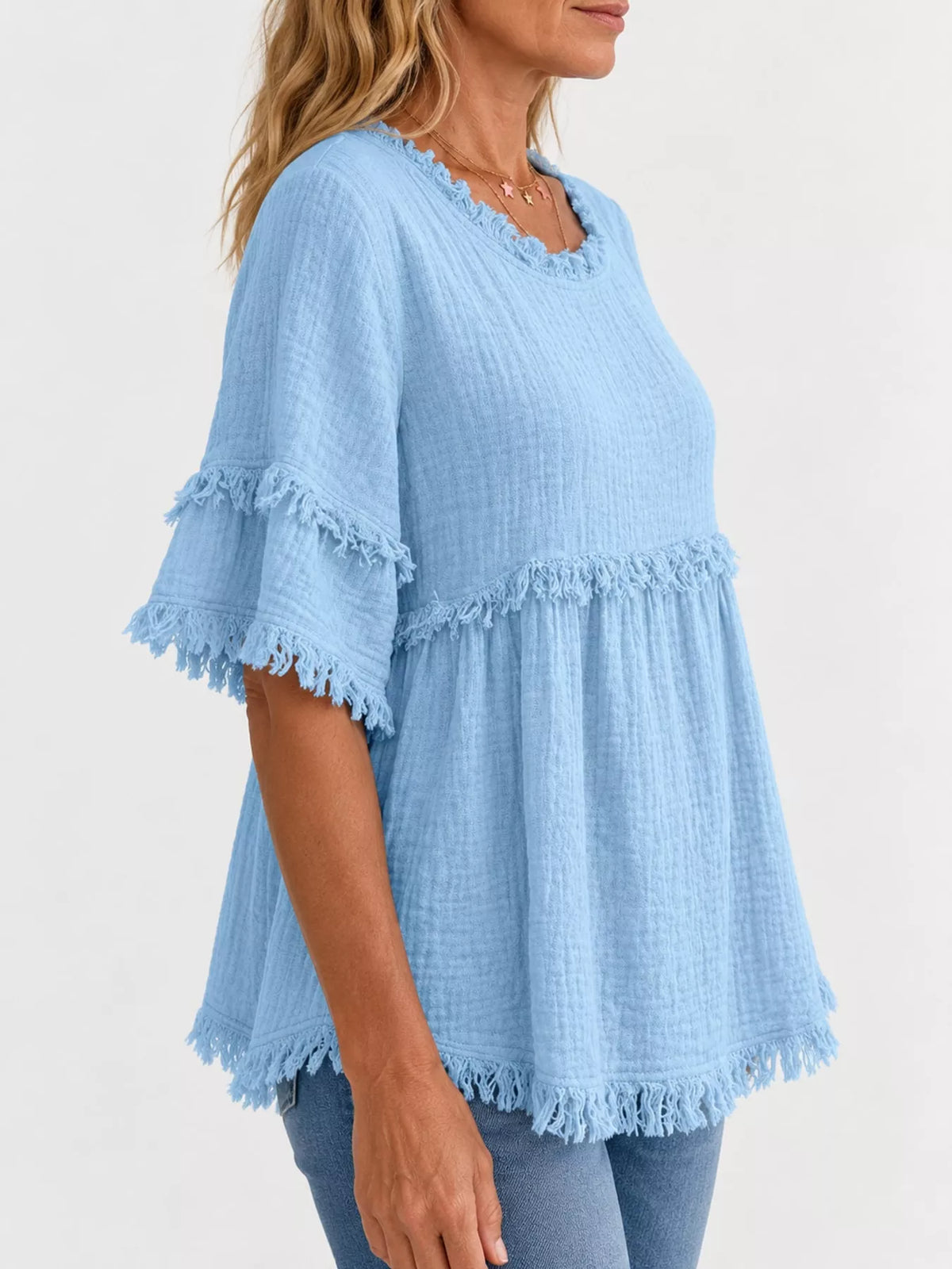 full size frayed edge textured blouse plus | dropsona - neutral - close-up detail
