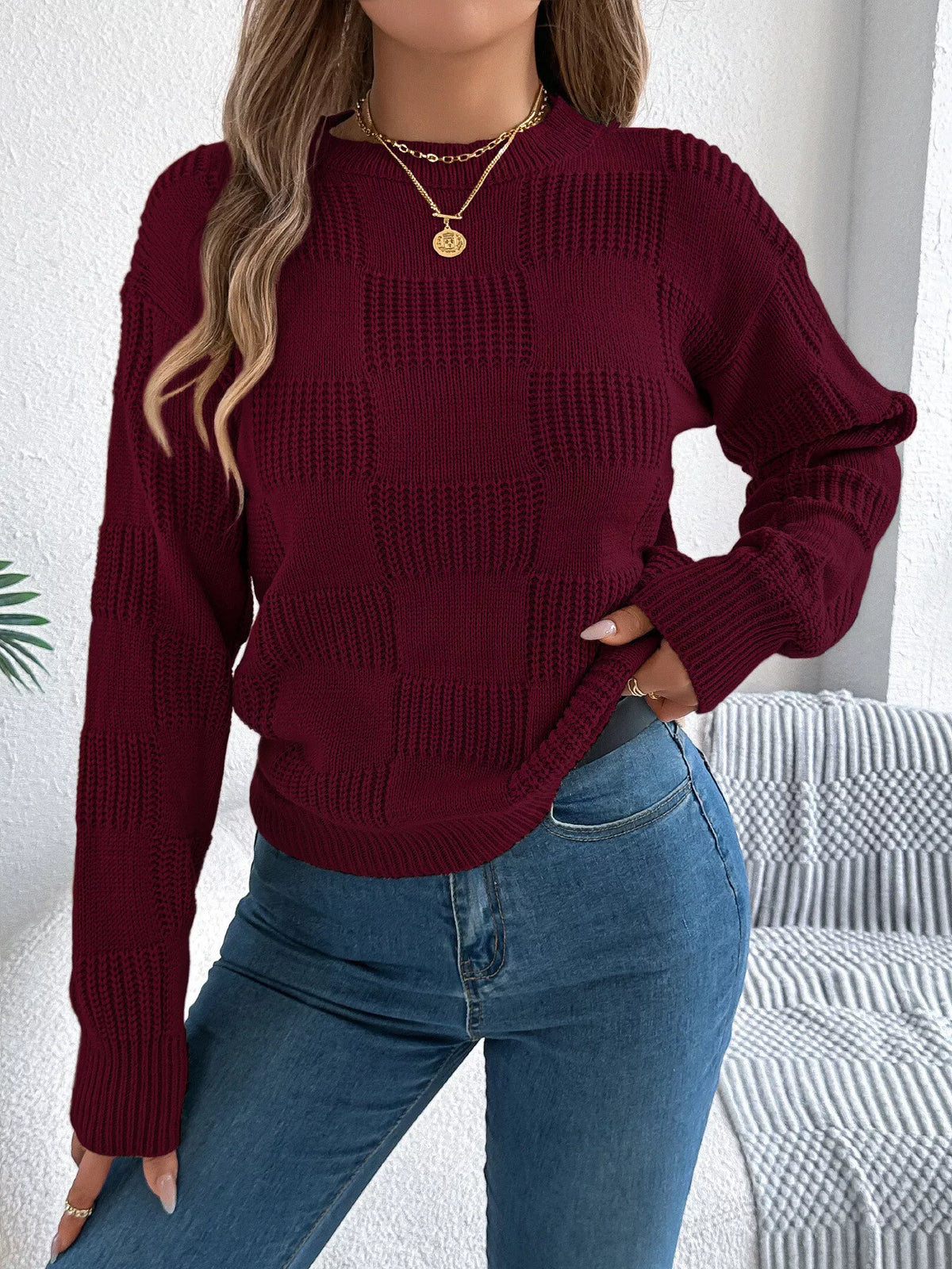 checkerboard textured knit sweater | dropsona - neutral - size reference
