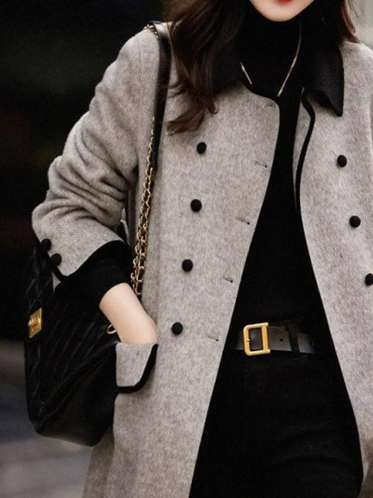 plus size double-breasted coat with contrast trim | dropsona - neutral - size reference
