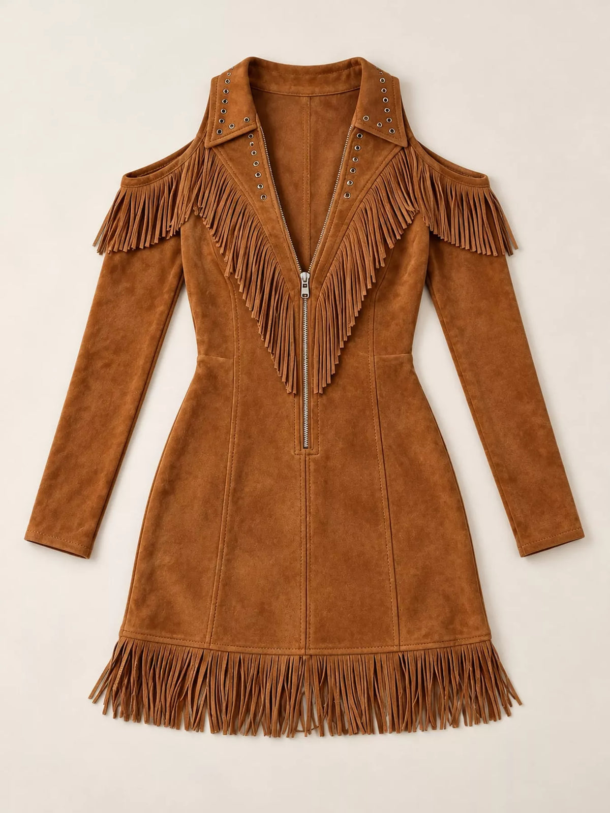 full size fringed cold-shoulder zip-front mini dress | dropsona - neutral - packaging