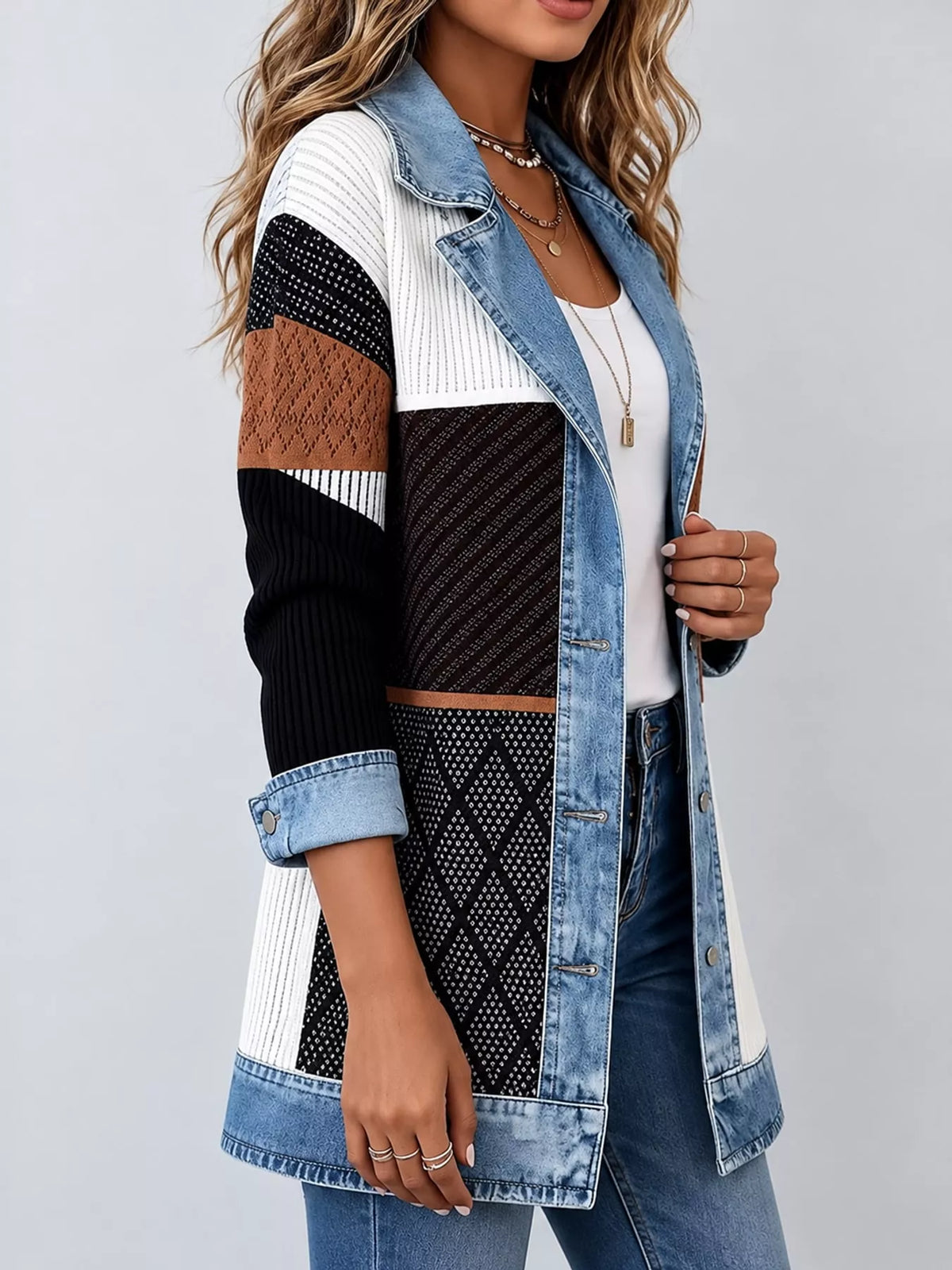 full size denim trim ribbed knit cardigan plus | dropsona - neutral - usage example