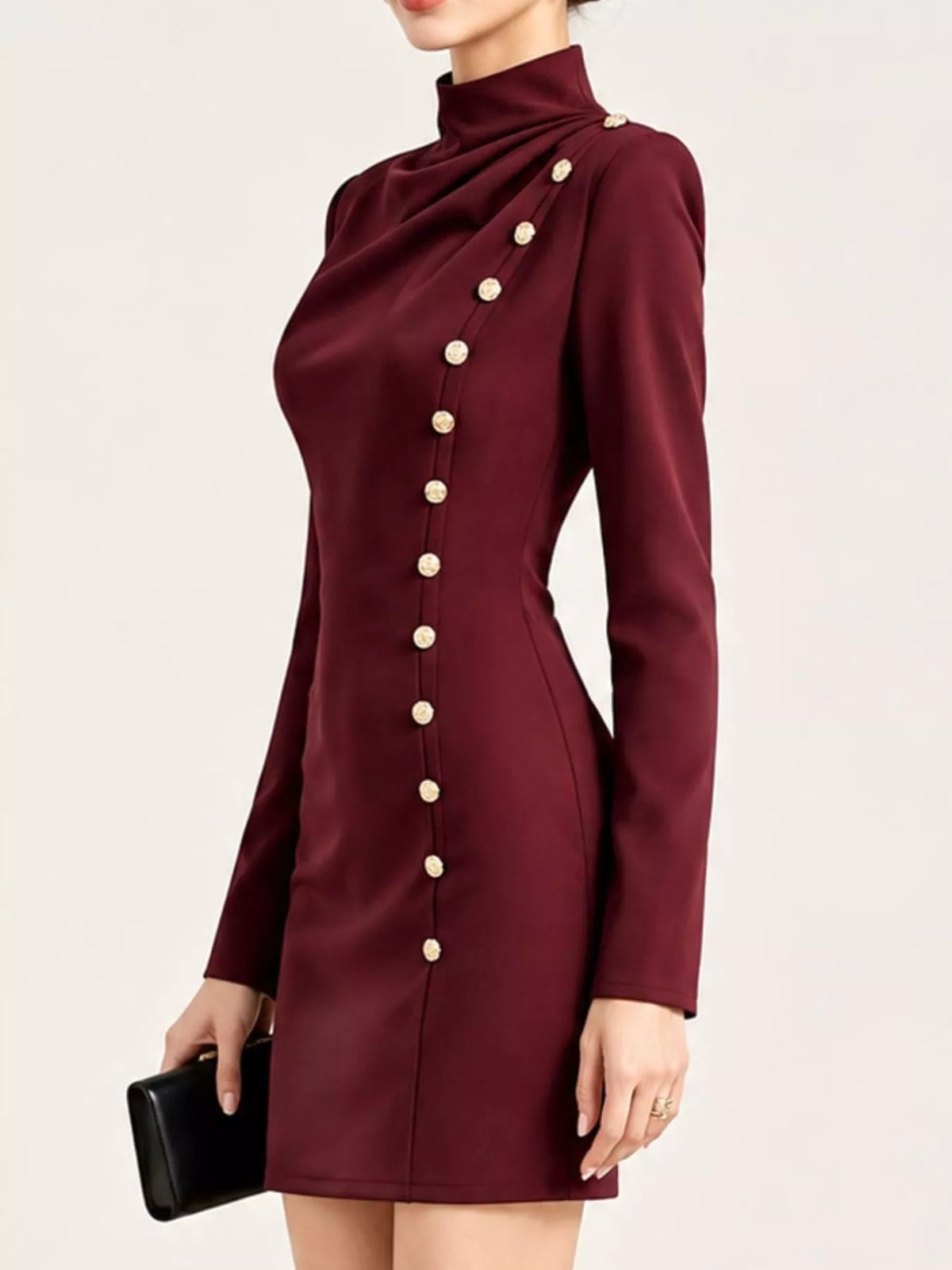 full size decorative button mock neck mini dress plus | dropsona - neutral - material texture