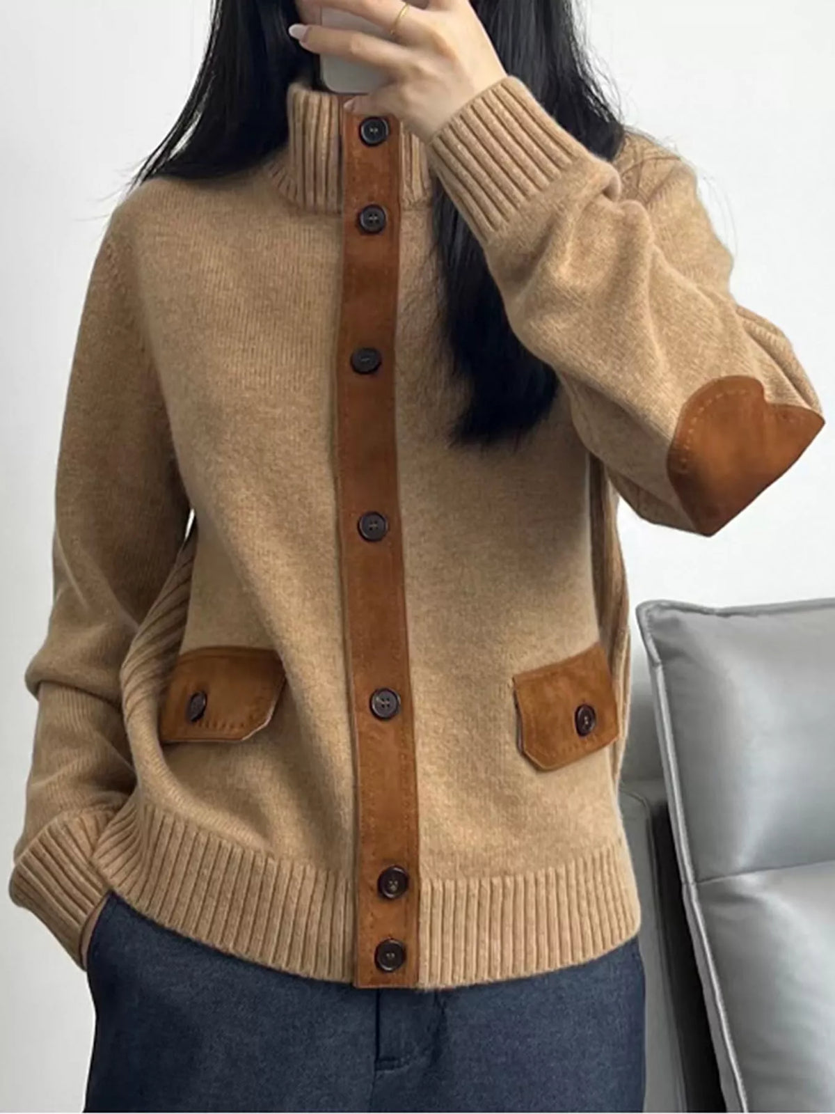 ribbed-knit mock neck cardigan – buttoned,pocketed fit | dropsona - neutral - packaging