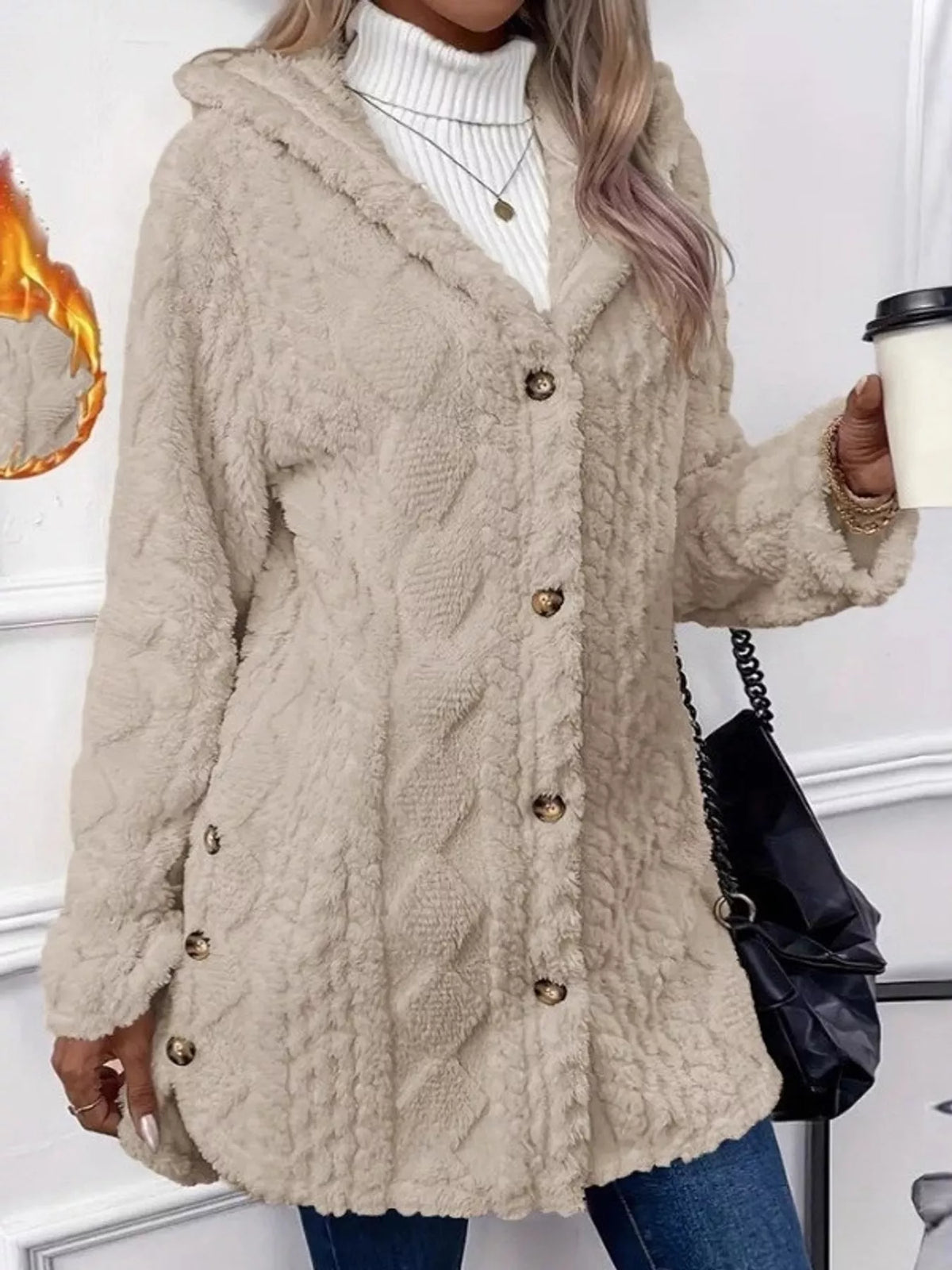 full size cozy cable-knit faux fur hooded outerwear | dropsona - neutral - size reference
