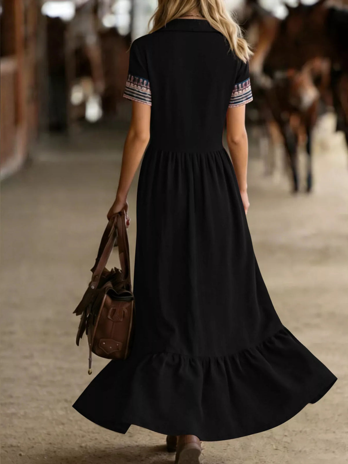 printed button-front maxi dress – buttoned,ruffled | dropsona - neutral - packaging
