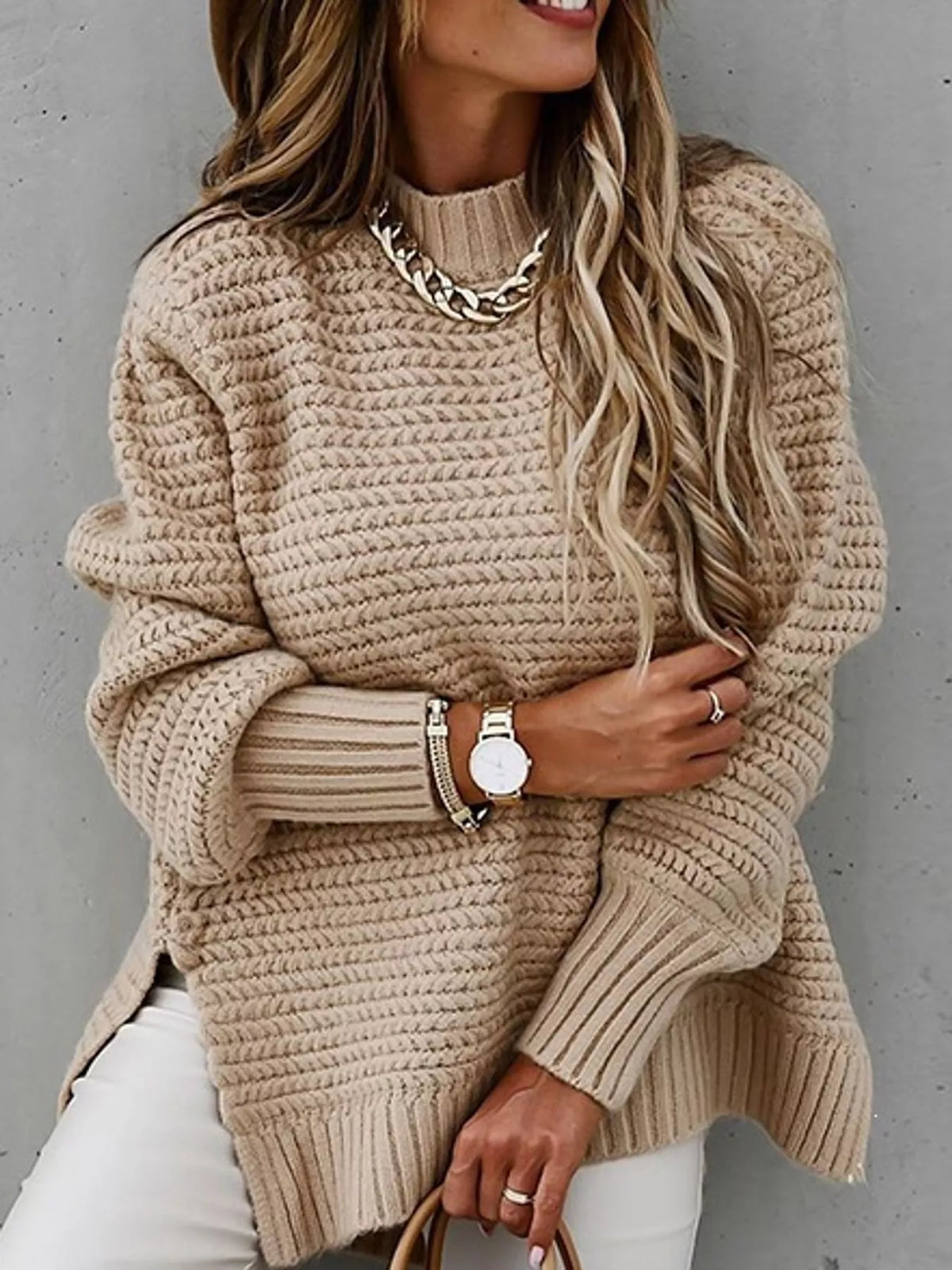 side slit textured knit sweater – ribbed,slit fit | dropsona - neutral - material texture
