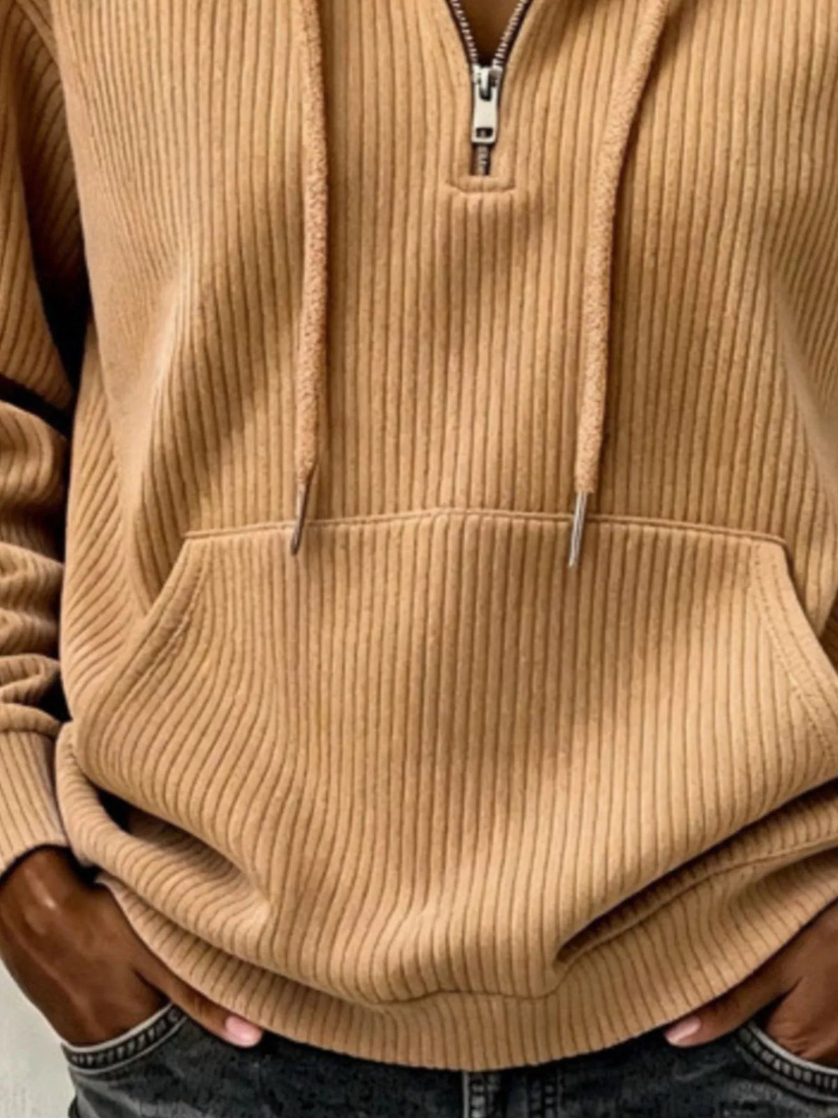 ribbed knit quarter-zip hoodie | dropsona - neutral - close-up detail