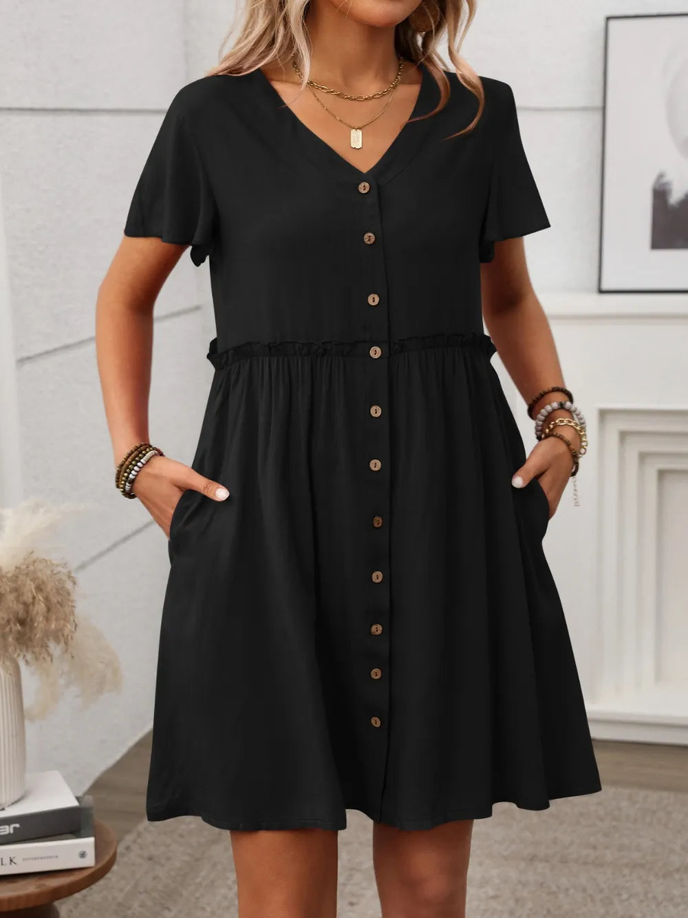 button front flutter sleeve dress - material texture