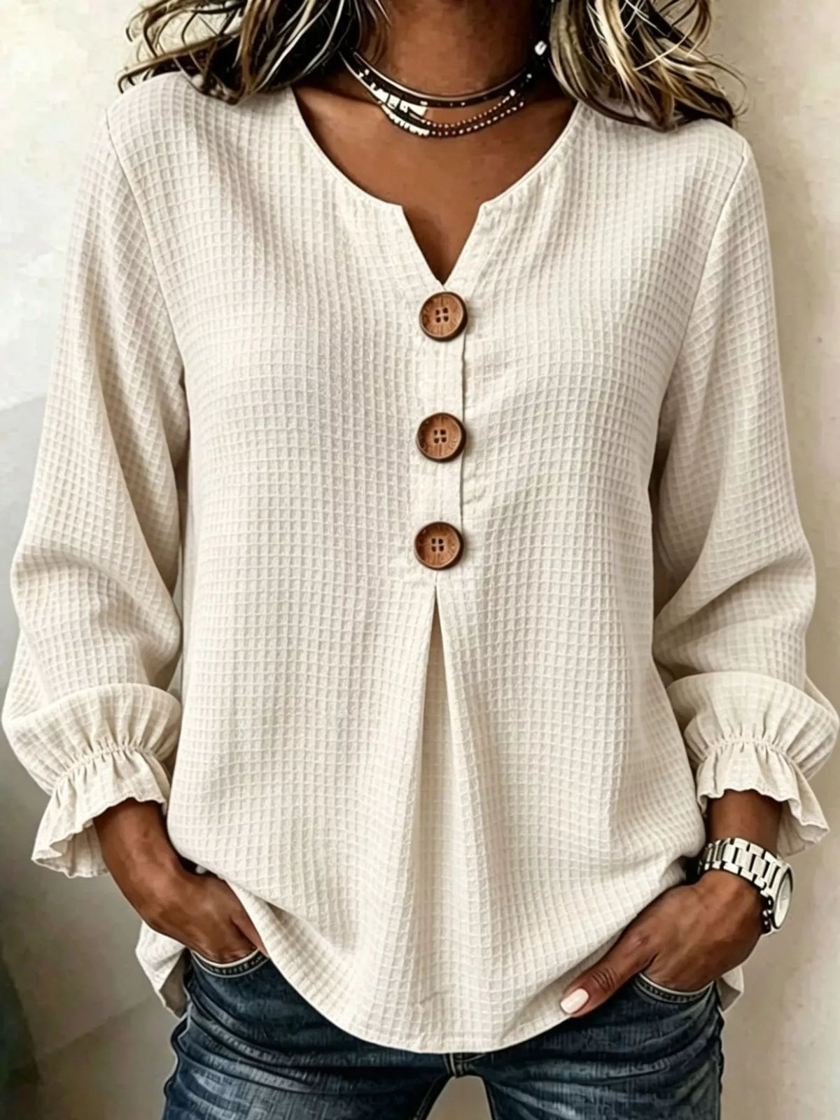 full size waffle knit flounce sleeve blouse plus | dropsona - neutral - packaging
