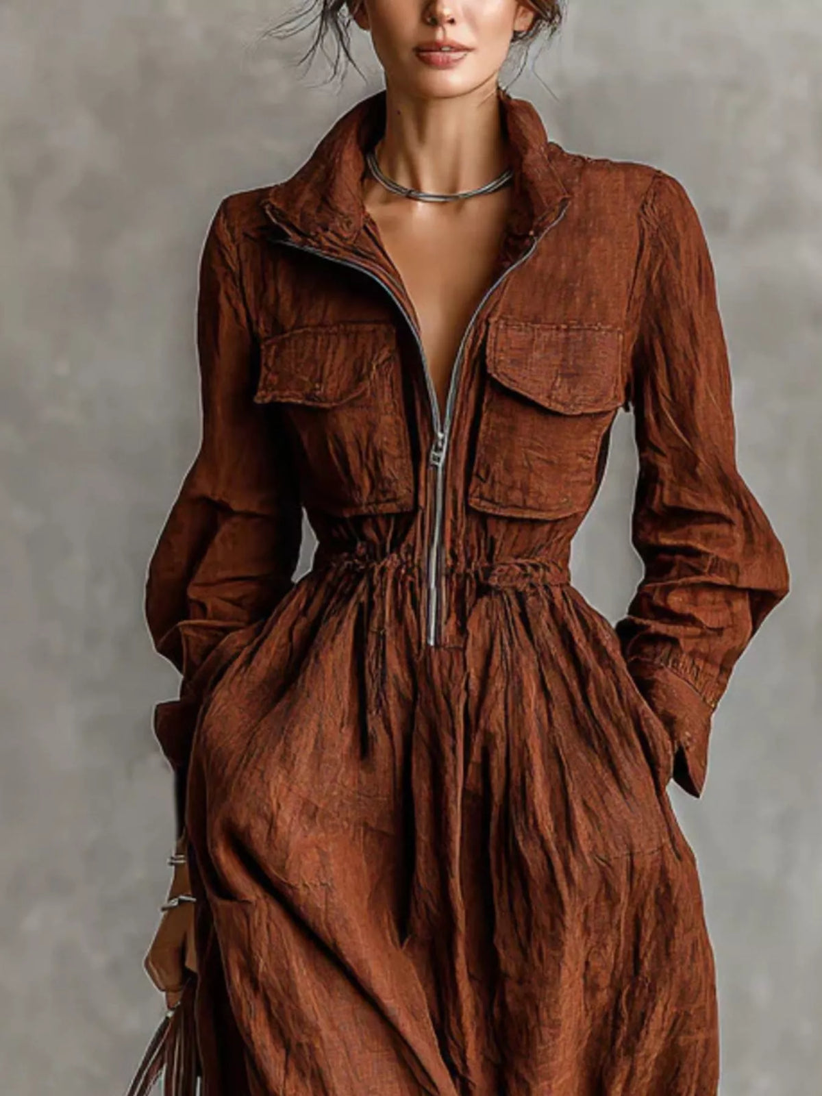 zip-front long sleeve maxi shirt dress | dropsona - neutral - size reference