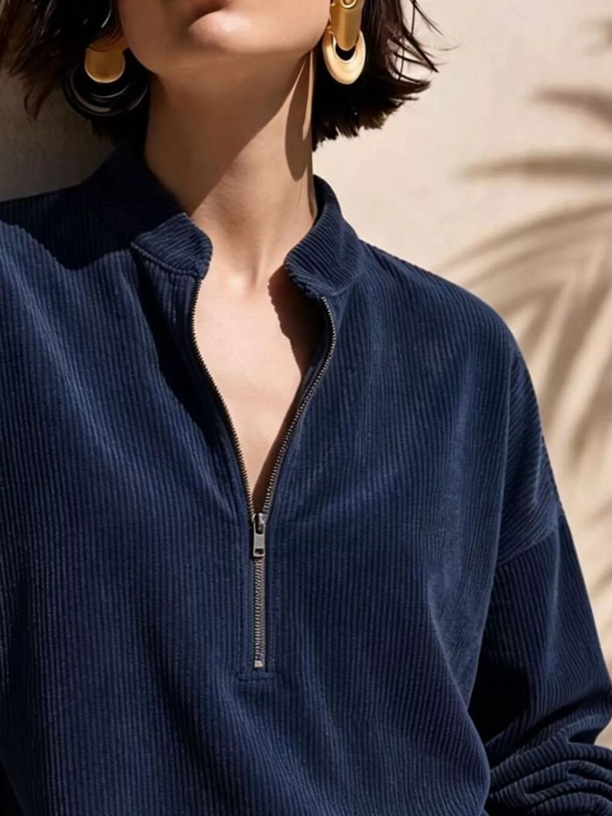 full size half zip dropped shoulder corduroy top plus | dropsona - neutral - material texture