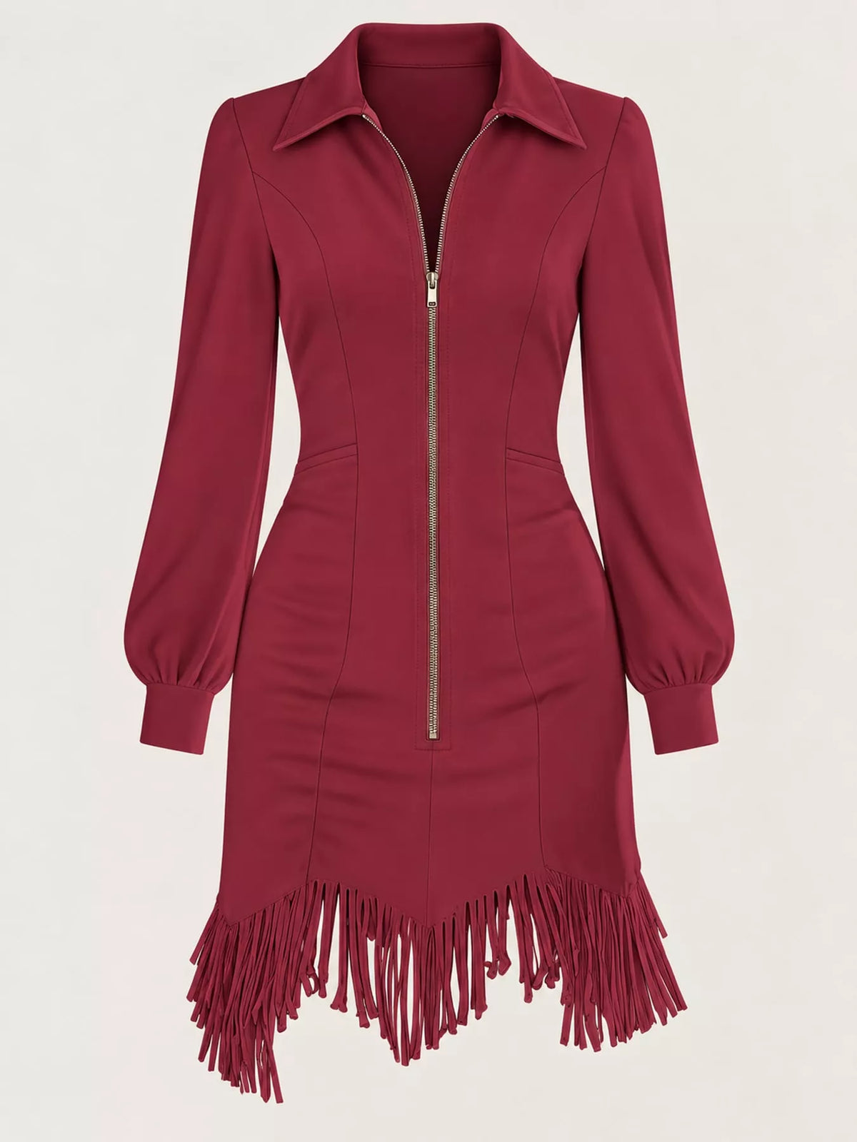 zip-front long sleeve fringe hem mini dress | dropsona - neutral - close-up detail