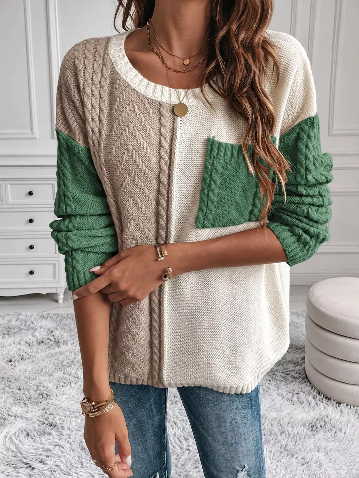 color block cable knit sweater – cable-knit fit | dropsona - neutral - size reference