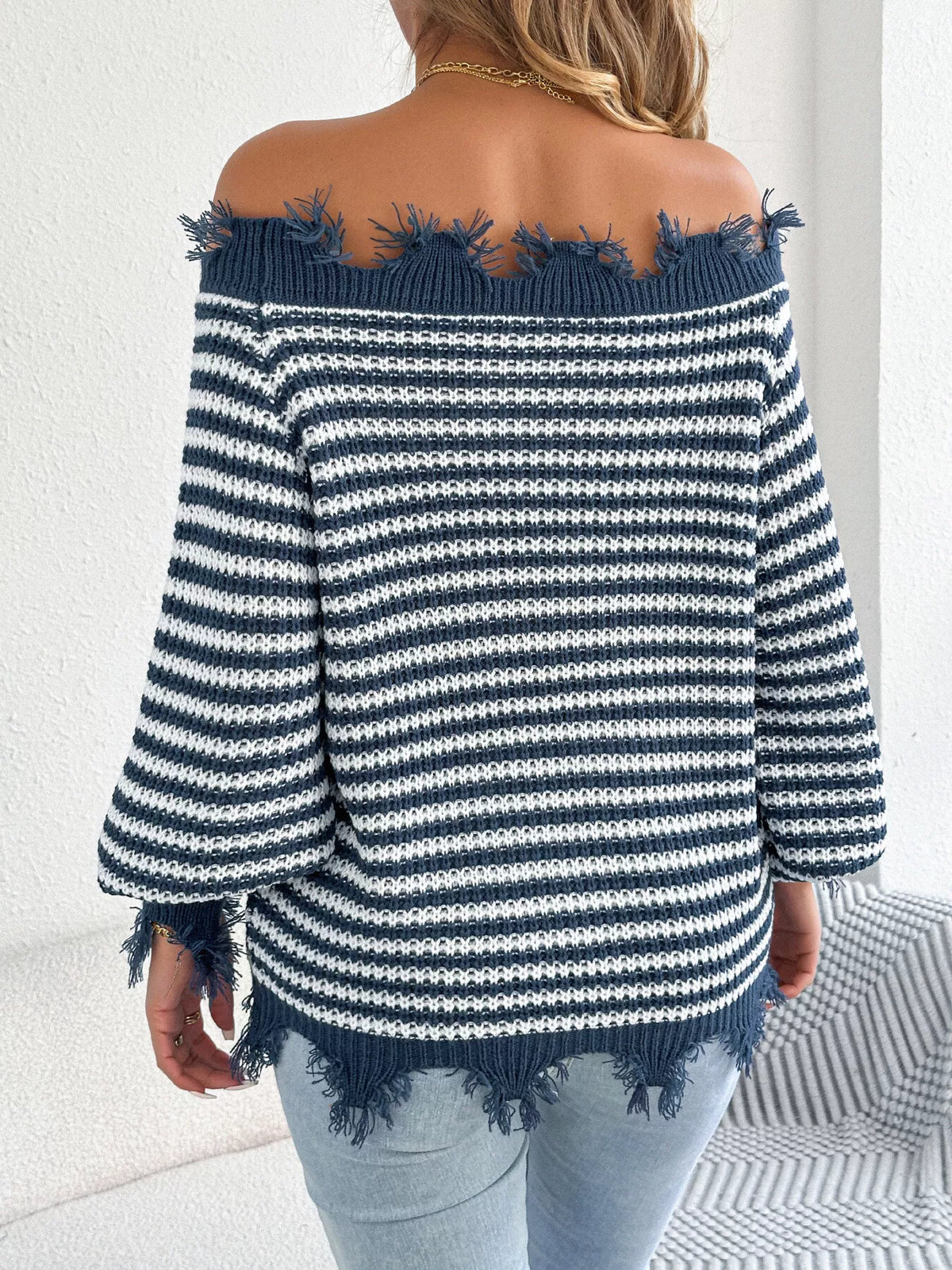 off-shoulder frayed hem striped sweater – raw | dropsona - neutral - size reference