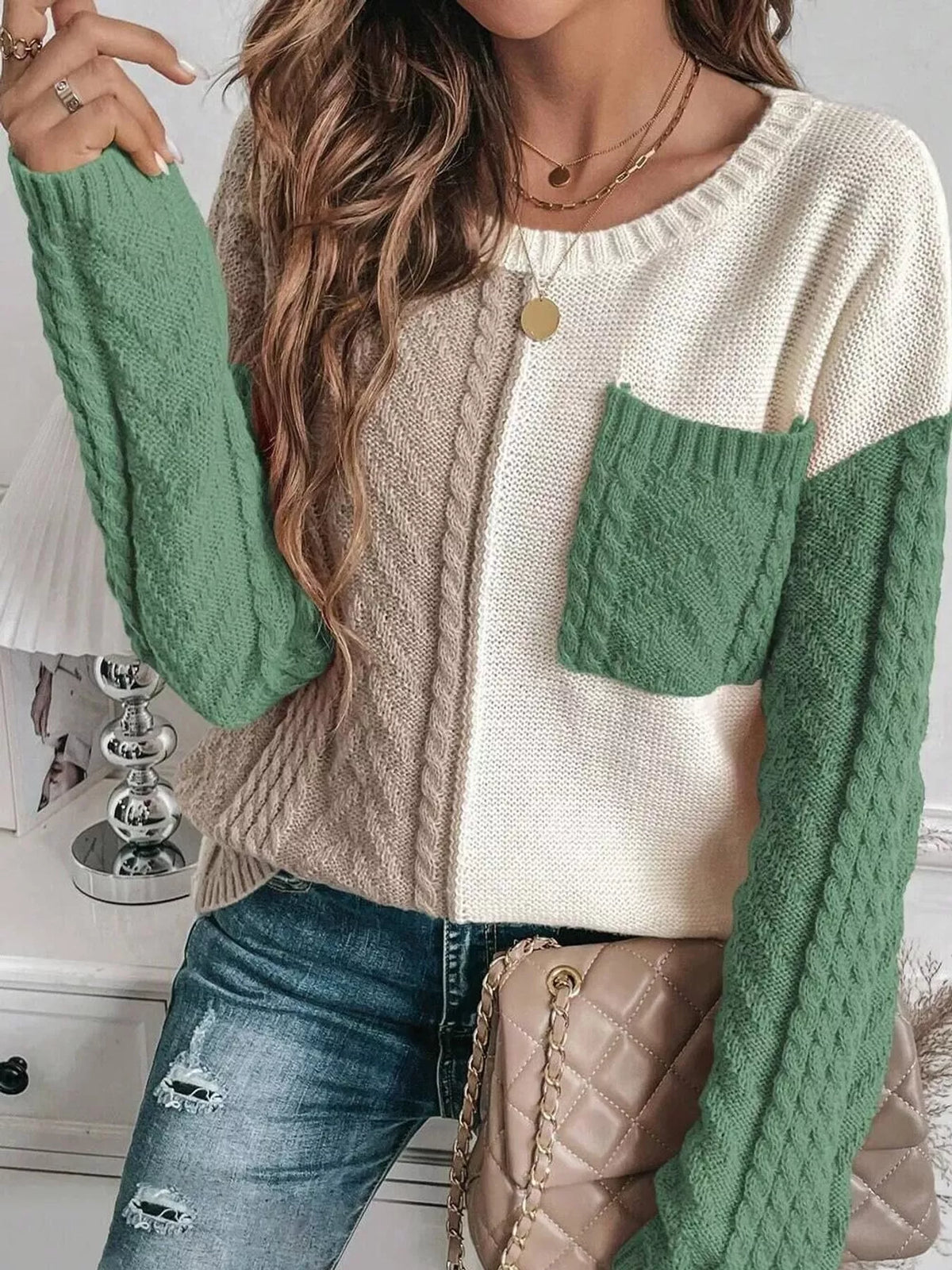 color block cable knit sweater – cable-knit fit | dropsona - neutral - material texture