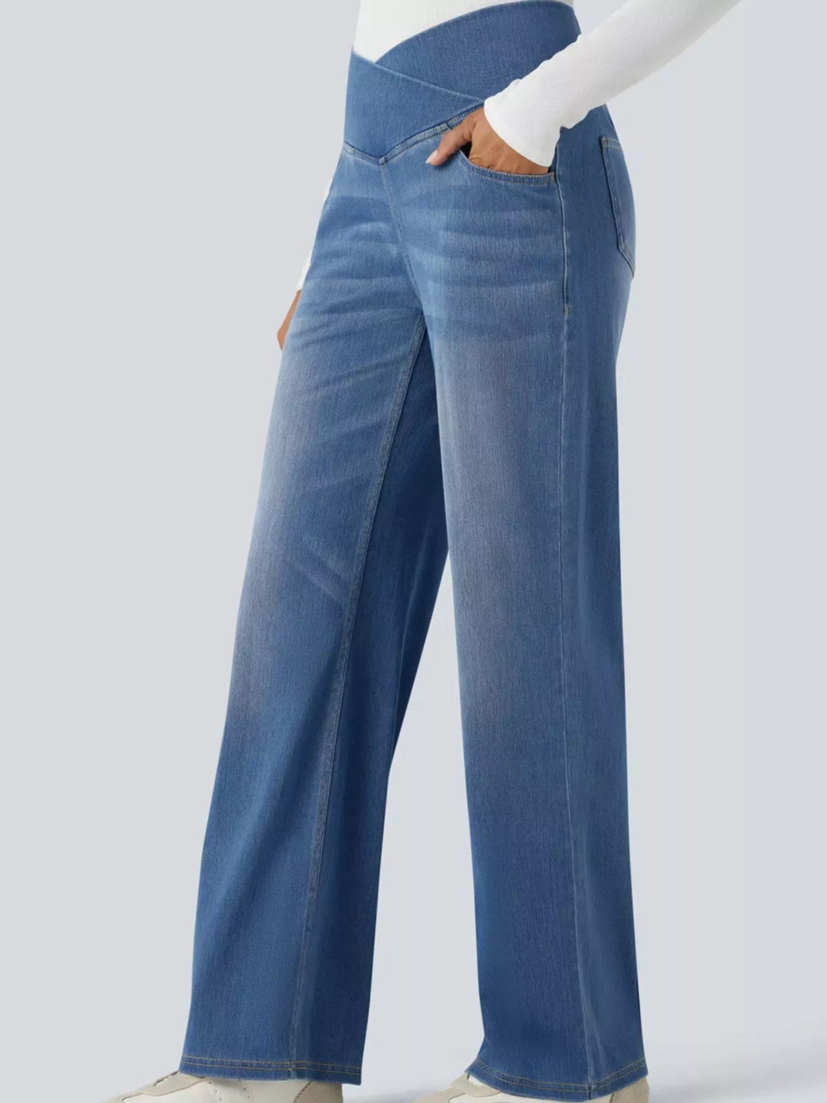 cat's whisker high-waisted cross-over waistband | dropsona - neutral - close-up detail