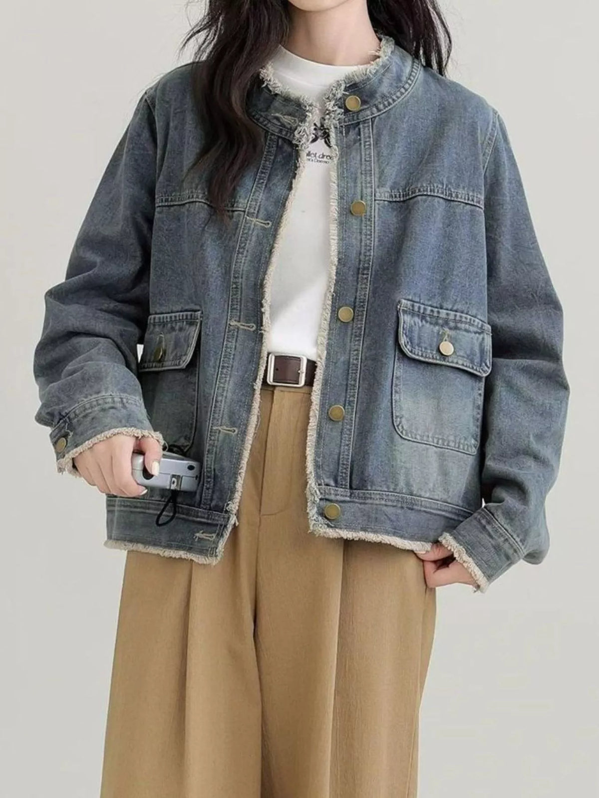 distressed frayed-edge denim jacket with utility | dropsona - neutral - everyday use