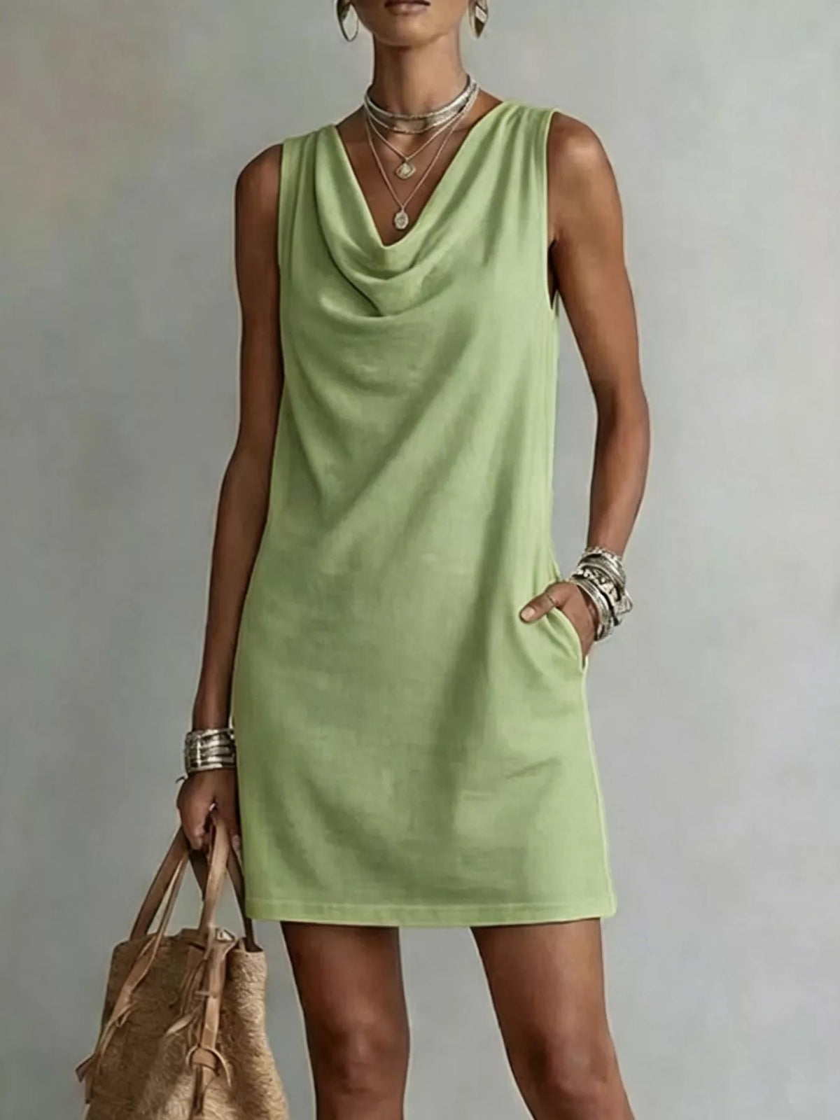 full size sleeveless cowl neck mini dress plus | dropsona - neutral - usage example