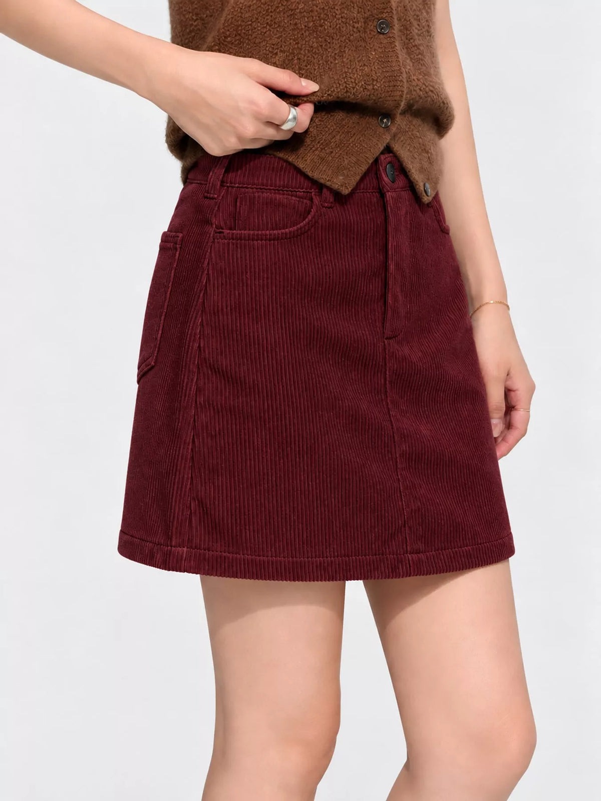 corduroy high-waisted mini skirt | dropsona polyester 100% - neutral - close-up detail
