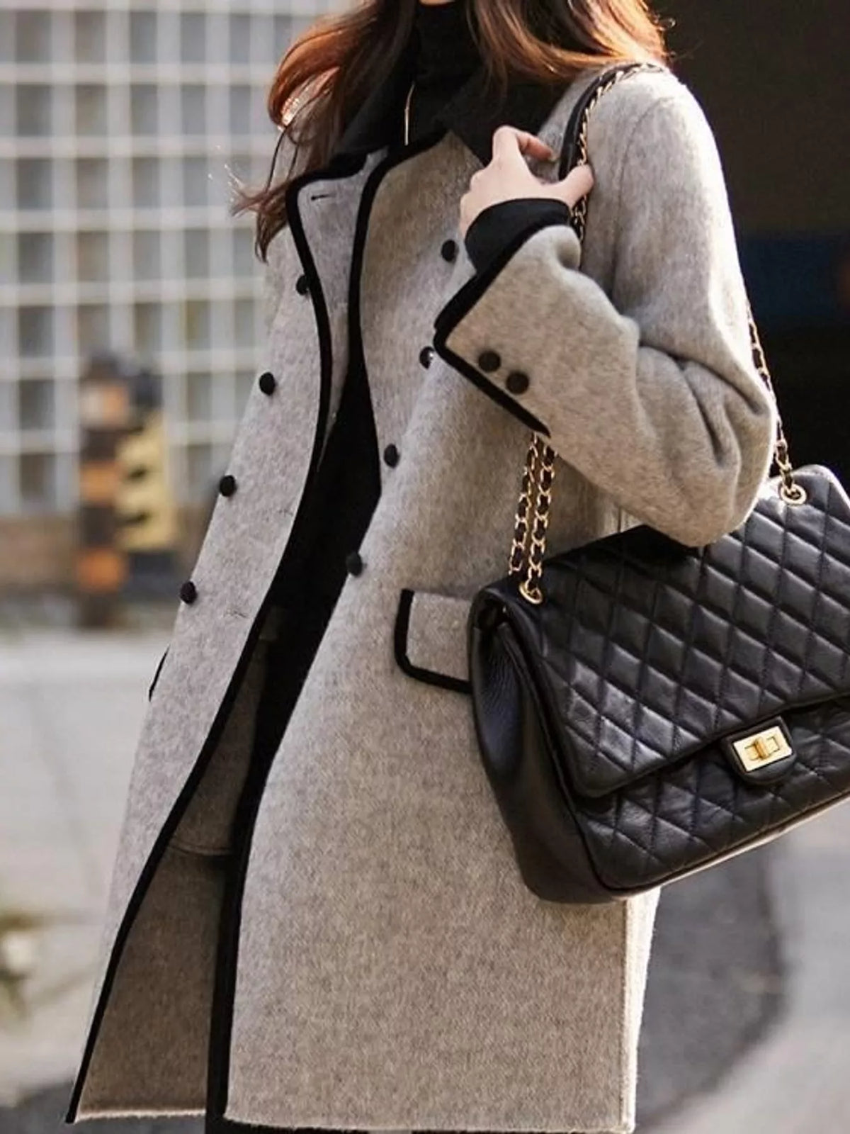 plus size double-breasted coat with contrast trim | dropsona - neutral - close-up detail