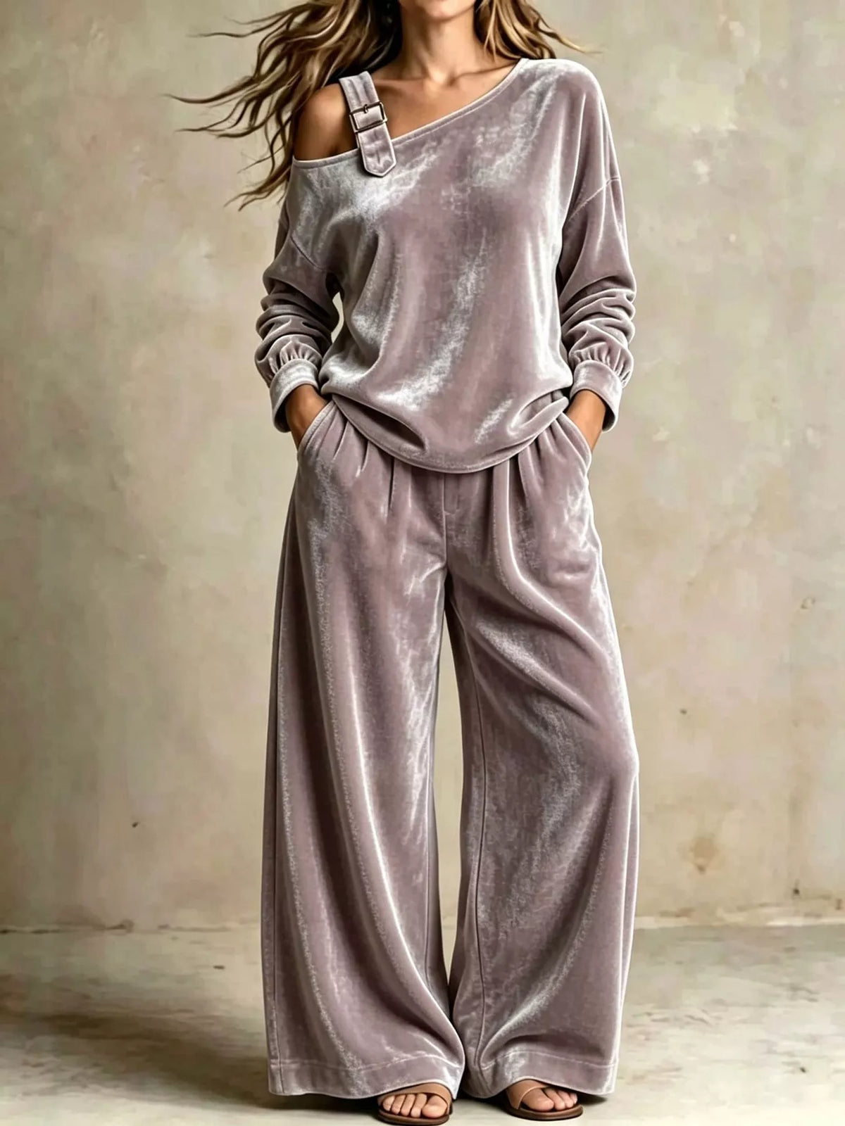 asymmetrical neck top and pants set | dropsona - neutral - usage example