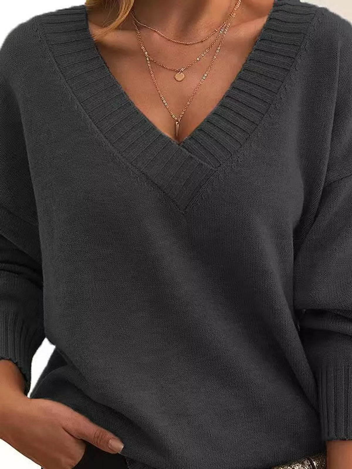 full size v-neck dropped shoulder sweater plus | dropsona - neutral - close-up detail
