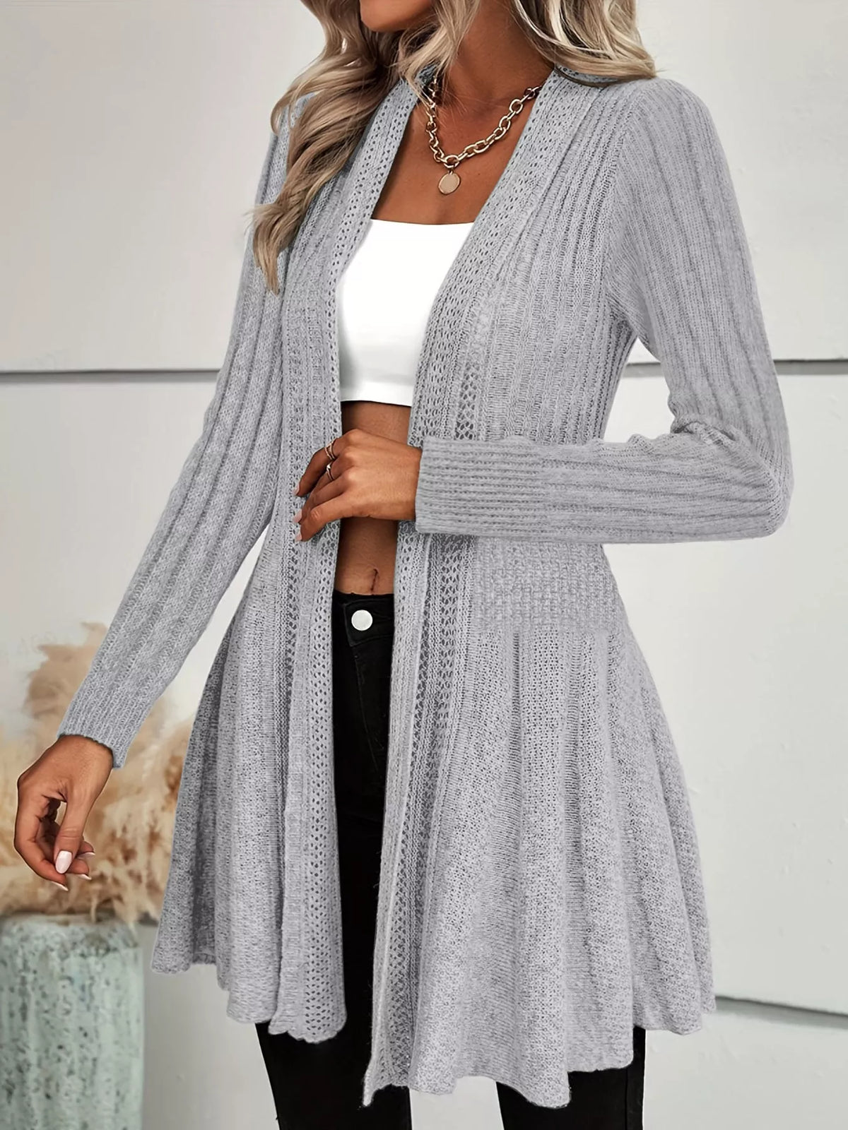 elegant ribbed knit open front flared cardigan | dropsona - neutral - everyday use