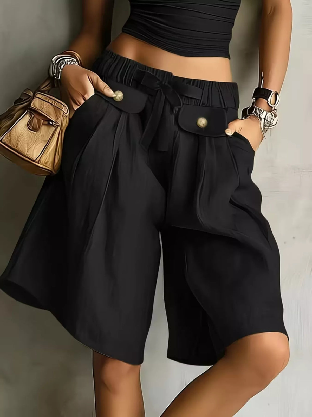 high-waisted drawstring shorts – tied,pocketed | dropsona - neutral - size reference