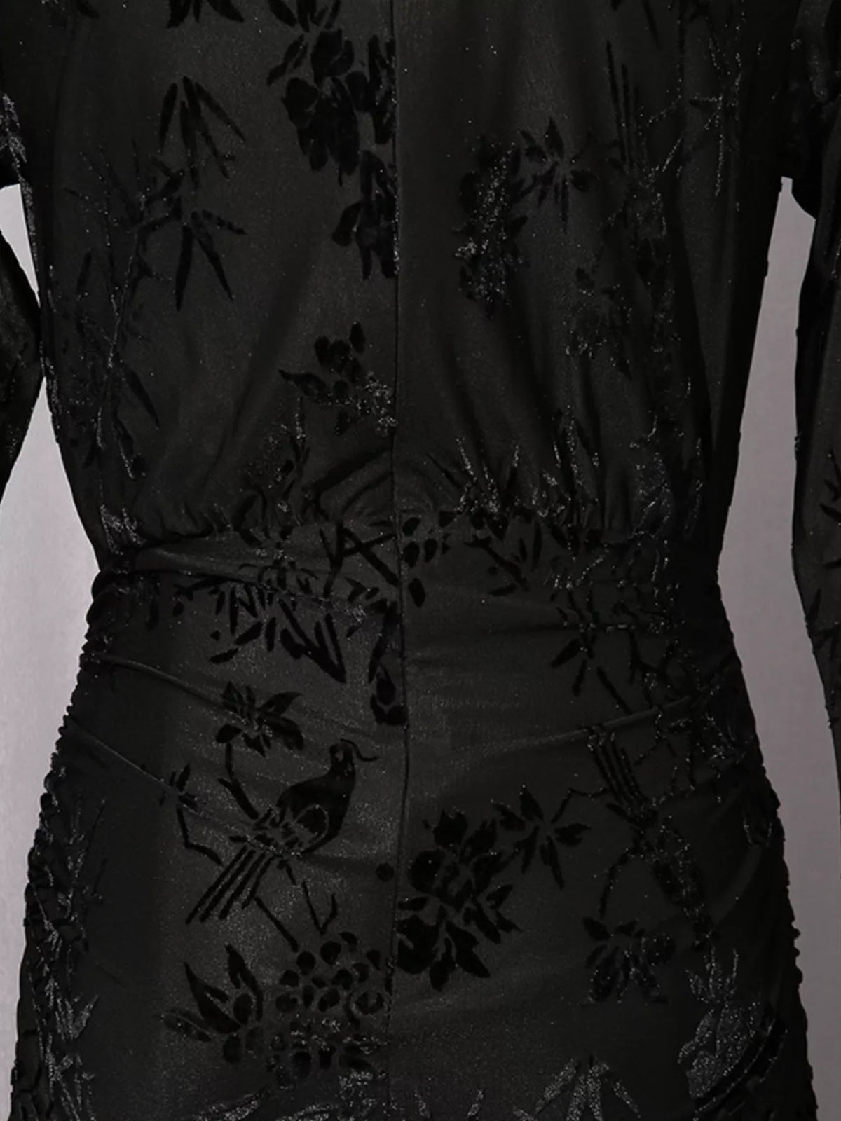 ruched long sleeve mini dress – ruched,zipper | dropsona - neutral - close-up detail