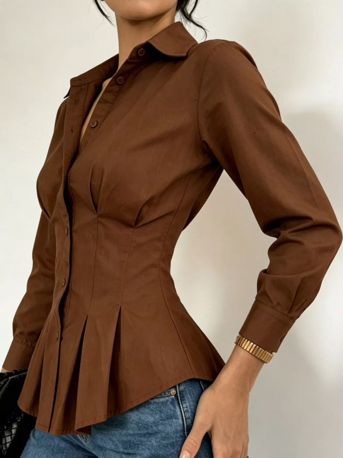 button-down peplum blouse with fitted waist | dropsona - neutral - close-up detail