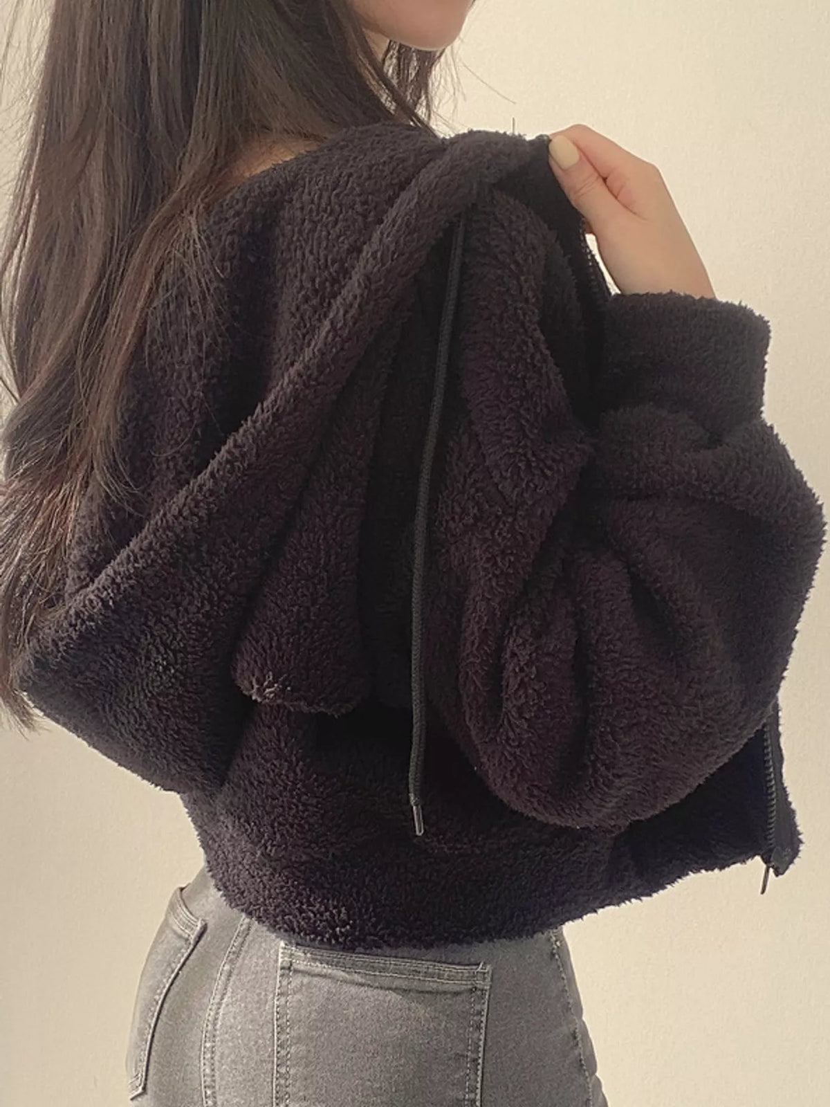 oversized sherpa zip-up hoodie | dropsona - neutral - material texture