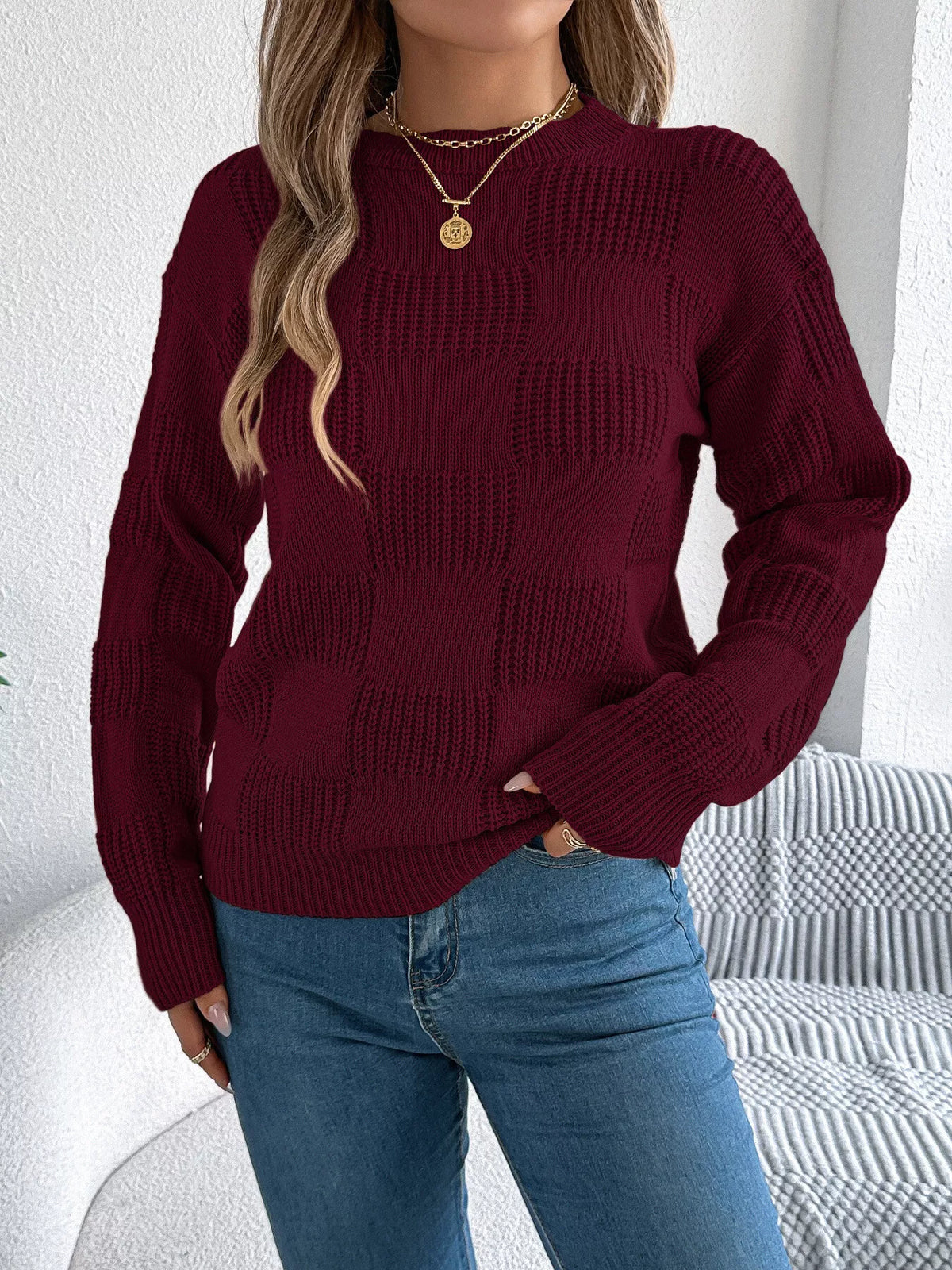 checkerboard textured knit sweater | dropsona - neutral - close-up detail